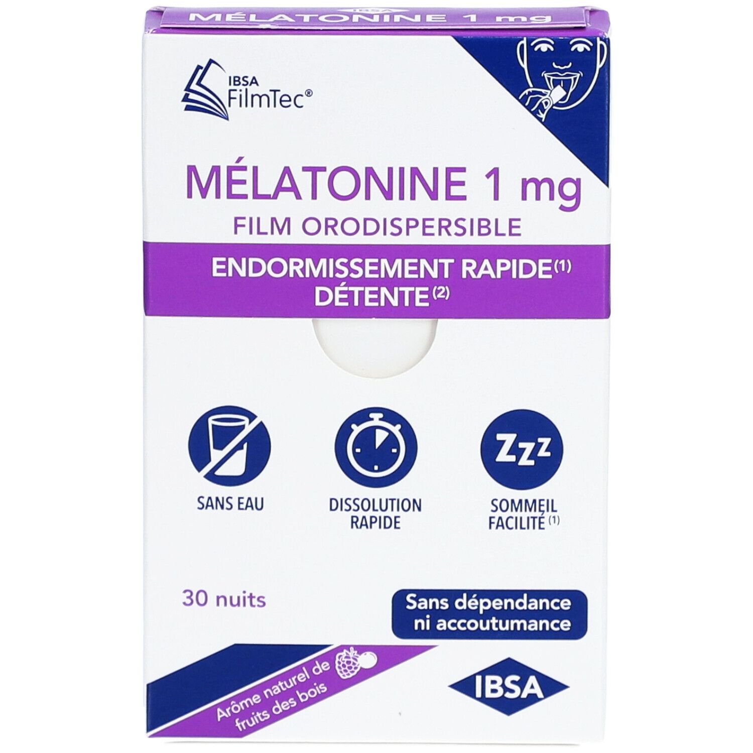 Boîte de Mélatonine 1 mg, film orodispersible. Inscription: Endormissement rapide, Détente. 30 nuits. Logo IBSA.