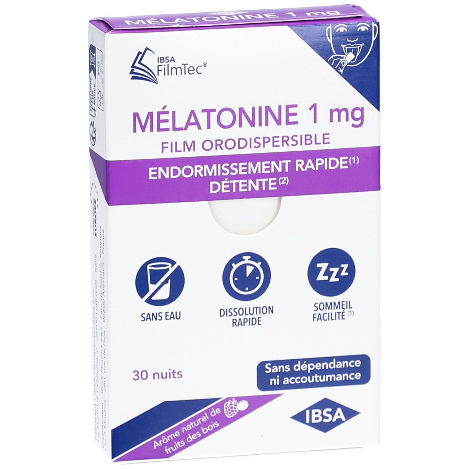 Boîte de Mélatonine 1 mg, film orodispersible. Inscription: Endormissement rapide, Détente. 30 nuits. Logo IBSA.