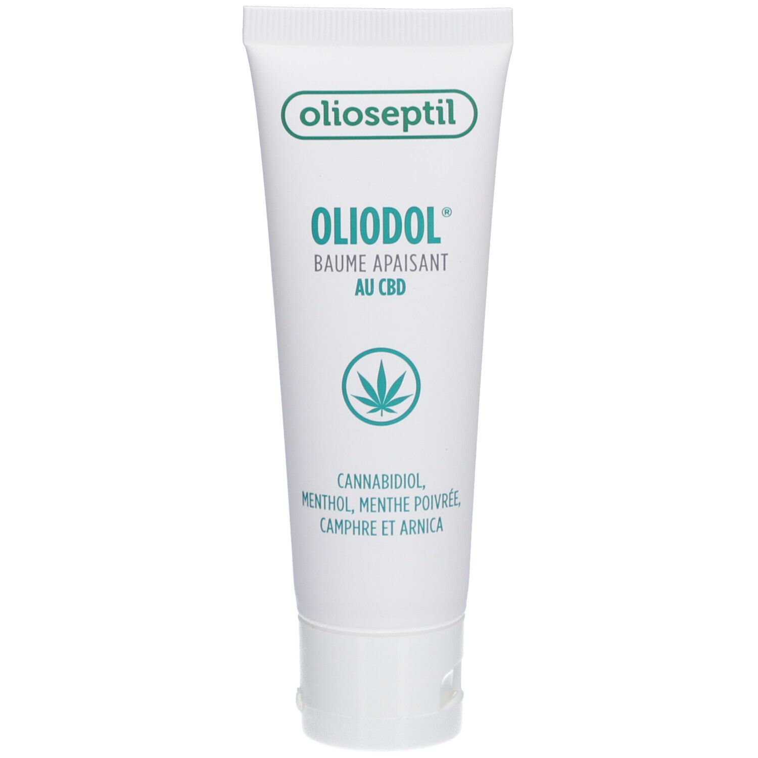Tube Olioseptil OlioDol Baume CBD. Tube blanc avec impression verte. Contient cannabidiol, menthol, menthe poivrée.