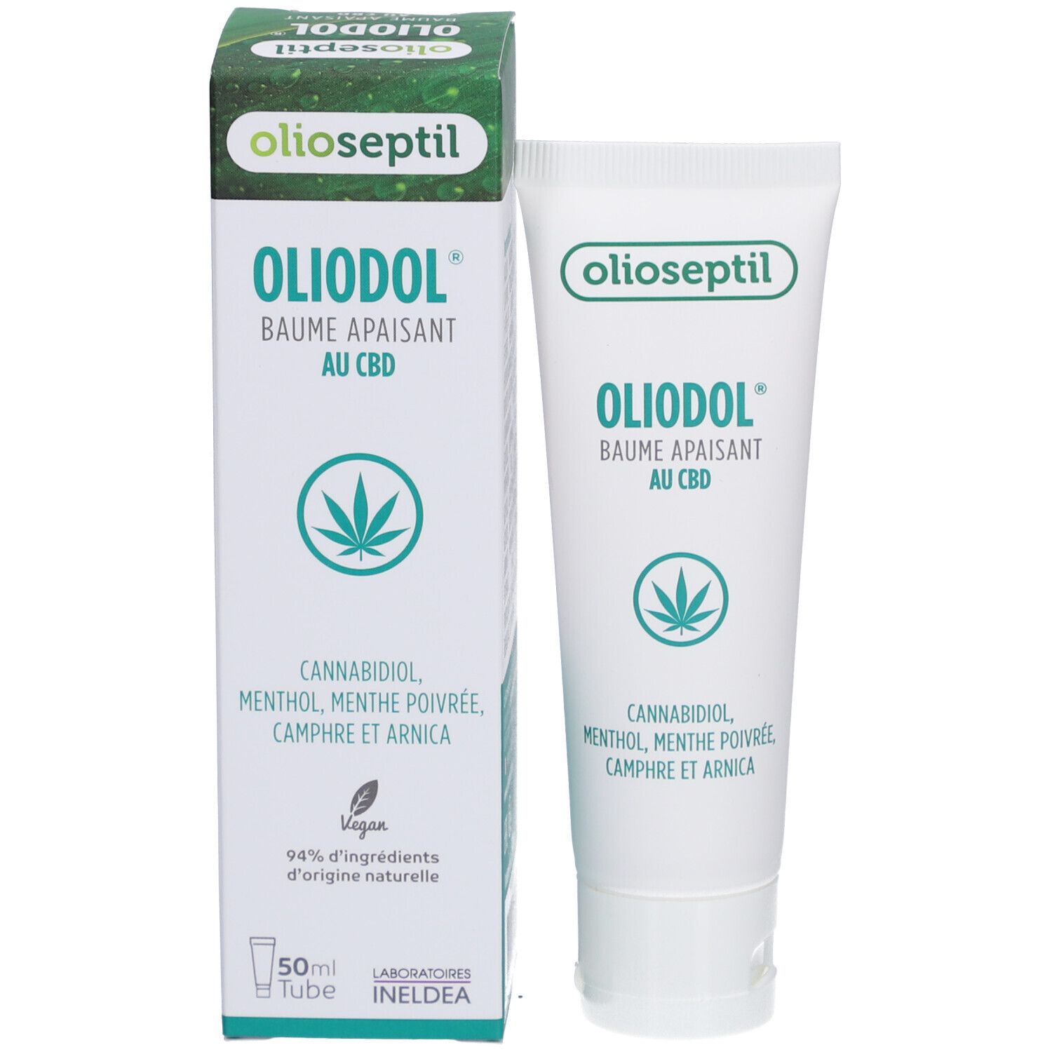 Tube et boîte Olioseptil OlioDol Baume CBD. Tube et boîte avec impression verte. Logo vegan.