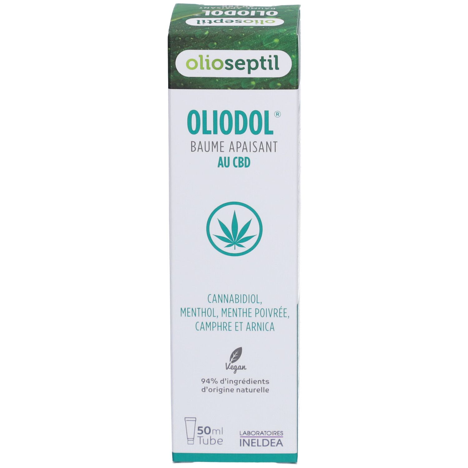Boîte Olioseptil OlioDol Baume CBD. Boîte verte avec texte blanc. Contient cannabidiol, menthol, menthe poivrée.