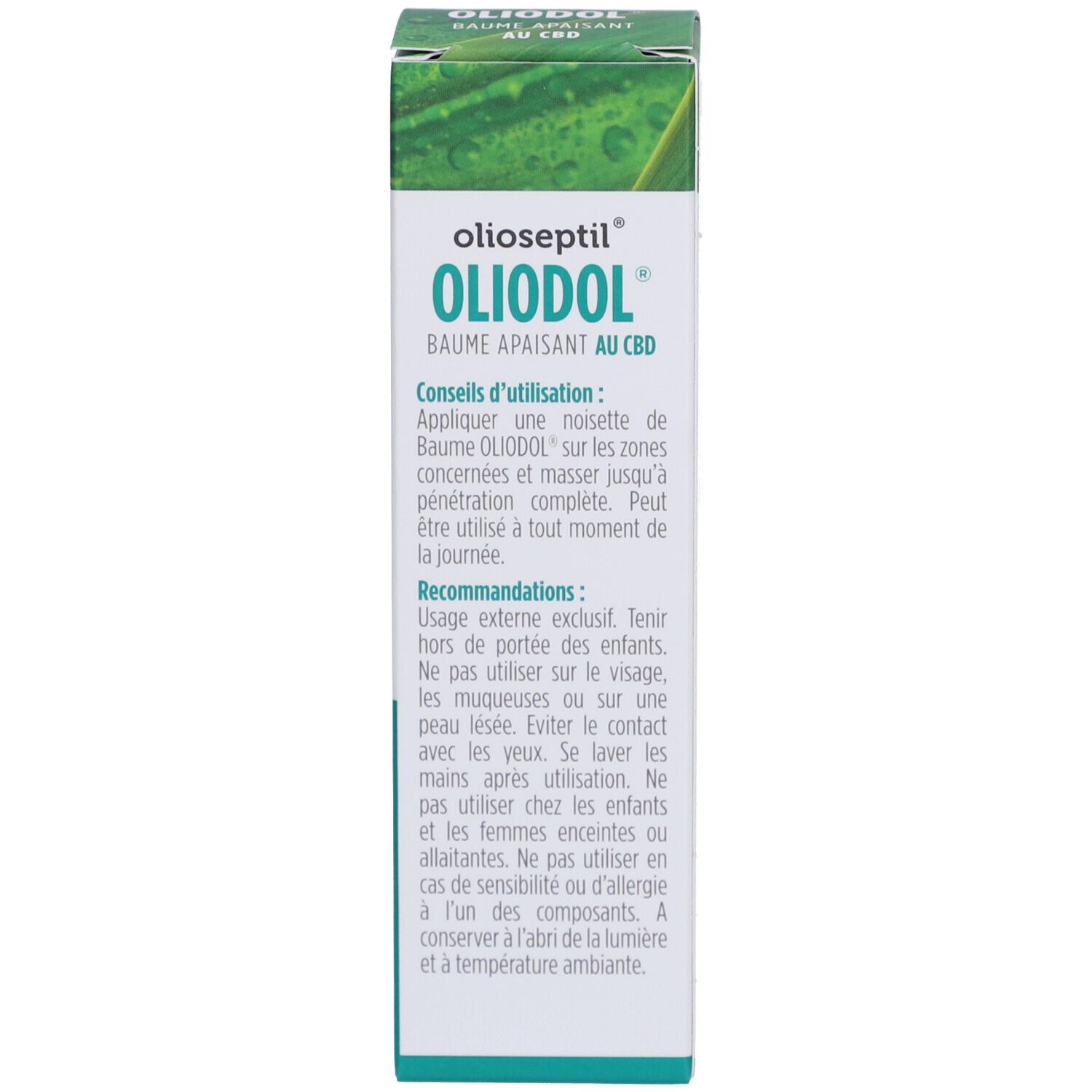 Boîte Olioseptil OlioDol Baume CBD. Texte sur la boîte. Contient ingrédients et informations fabricant.