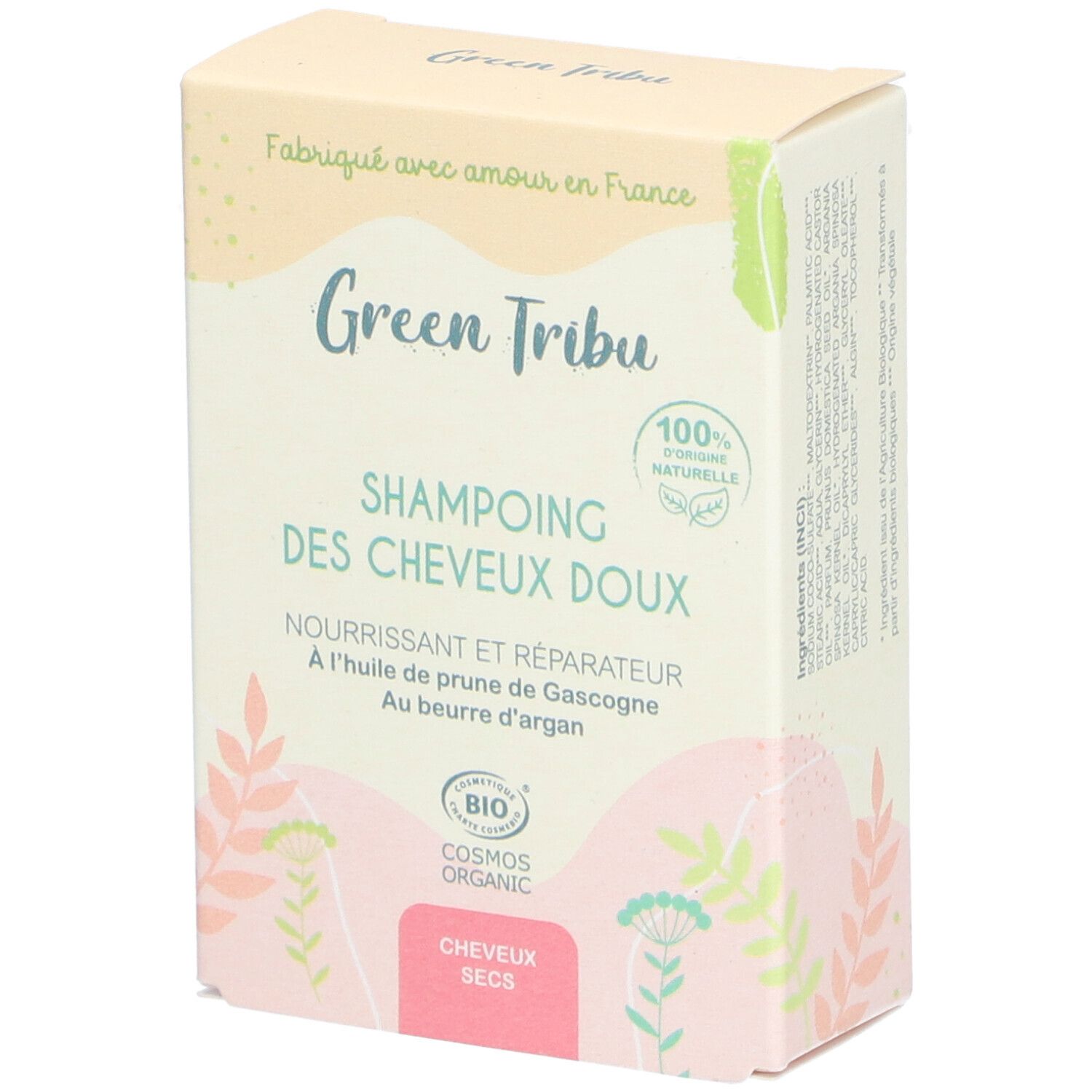 Boîte de shampoing Green Tribu. Inscription: SHAMPOING DES CHEVEUX DOUX. Certifié bio. Pour cheveux secs. Emballage fleuri.