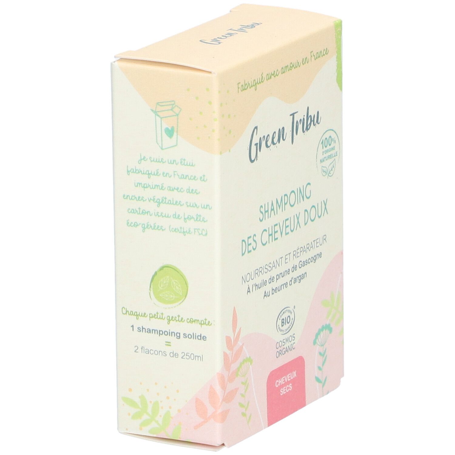 Boîte de shampoing Green Tribu. Inscription: SHAMPOING DES CHEVEUX DOUX. Certifié bio. Pour cheveux secs. Vue latérale.