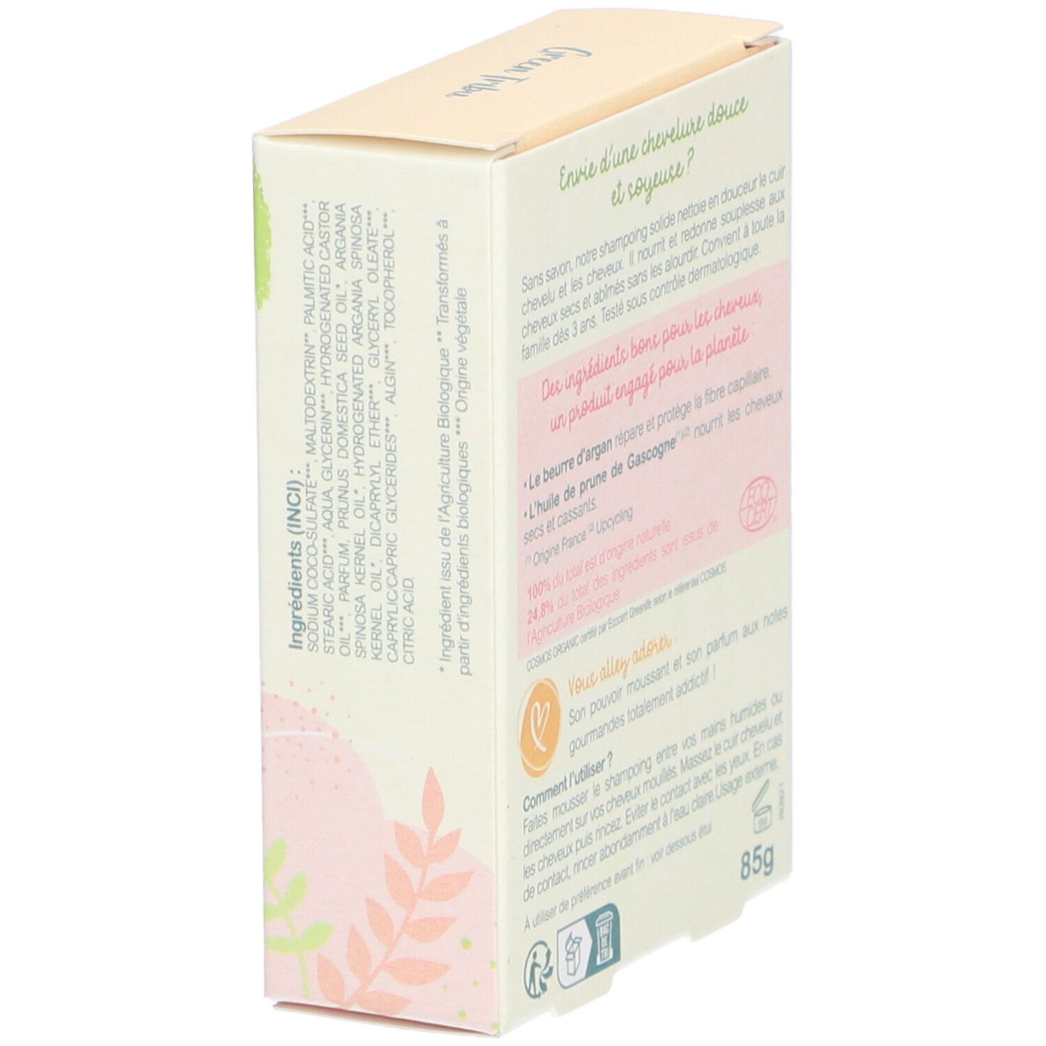 Vue latérale de la boîte. Ingrédients, certification bio. Poids: 85g. Design floral.
