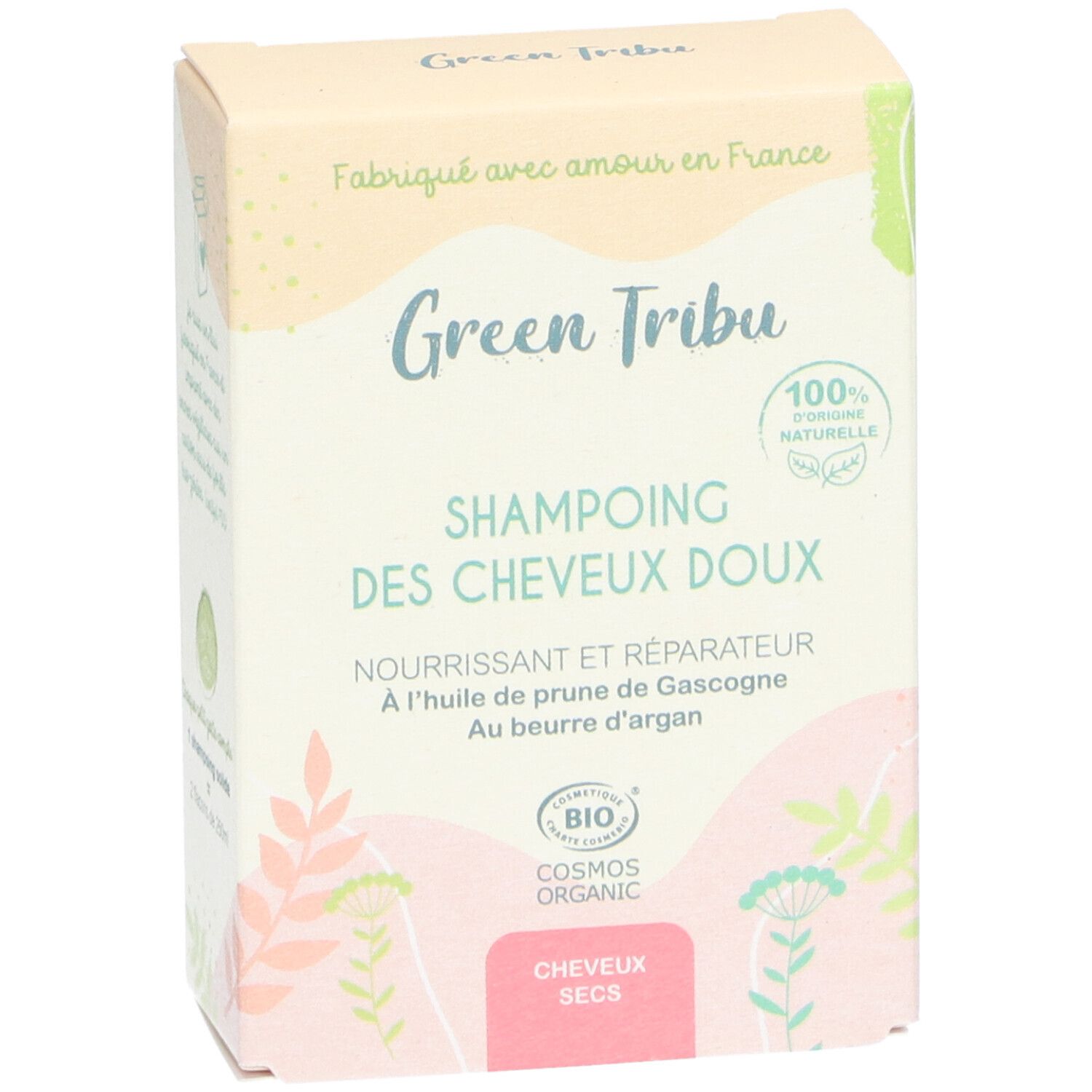 Boîte de shampoing Green Tribu. Inscription: SHAMPOING DES CHEVEUX DOUX. Certifié bio. Pour cheveux secs.