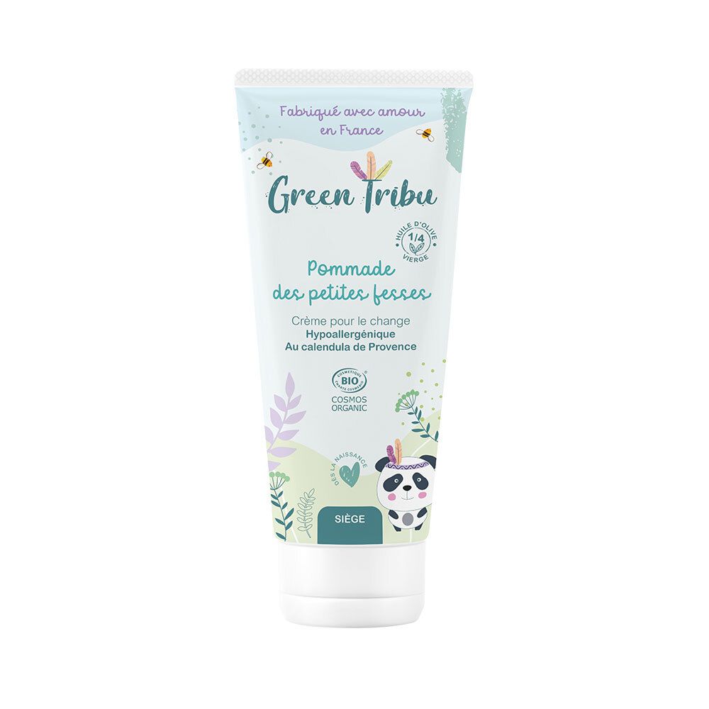 Tube de crème avec nom et logo du produit. Texte vert clair sur fond blanc. Certification bio.