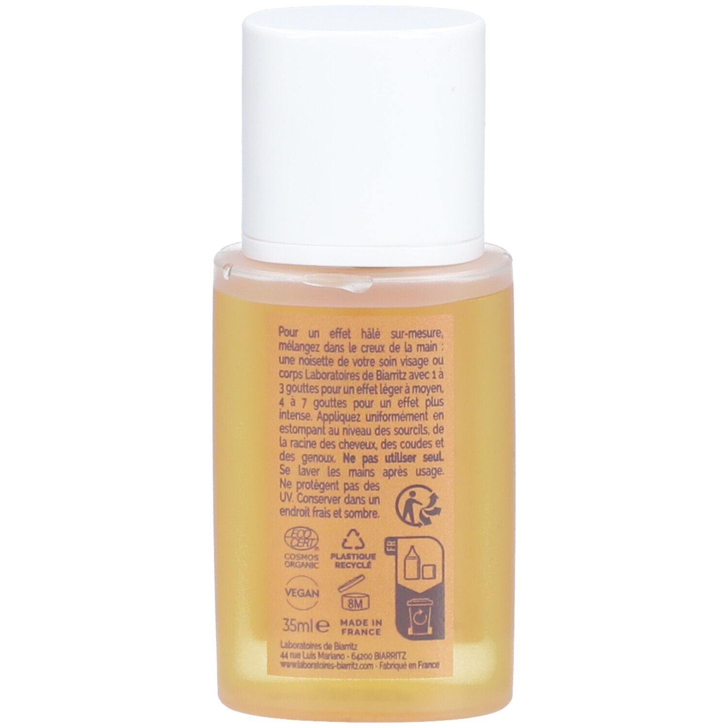 Dos du flacon. Texte: Mode d'emploi, COSMOS ORGANIC, VEGAN, 35ml, symbole de recyclage plastique.