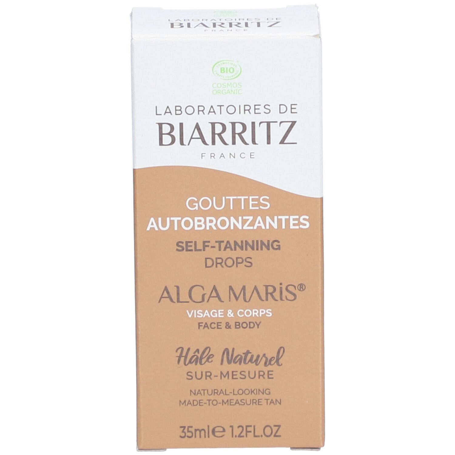 Boîte en carton. Texte: LABORATOIRES DE BIARRITZ, Gouttes Autobronzantes, ALGA MARIS, Visage & Corps, 35ml.
