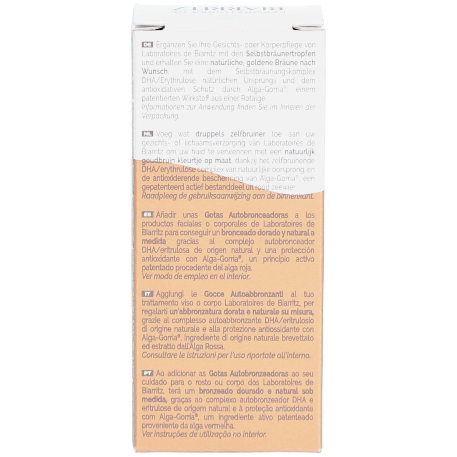 Boîte en carton, texte en allemand, néerlandais, espagnol et italien. Instructions d'utilisation et conseils d'application.