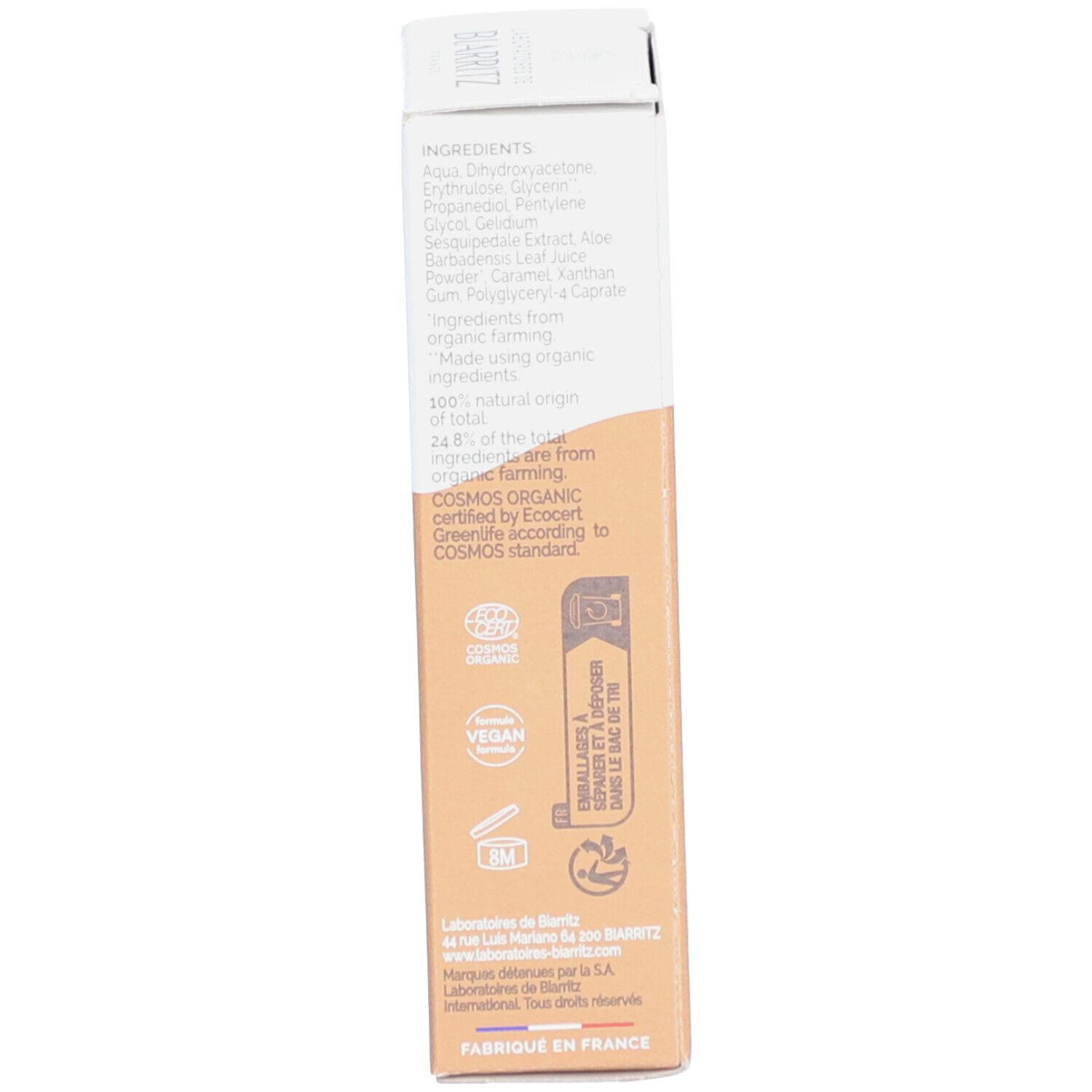 Boîte en carton, texte: Ingrédients, COSMOS ORGANIC, VEGAN, symbole de recyclage, Fabriqué en France.