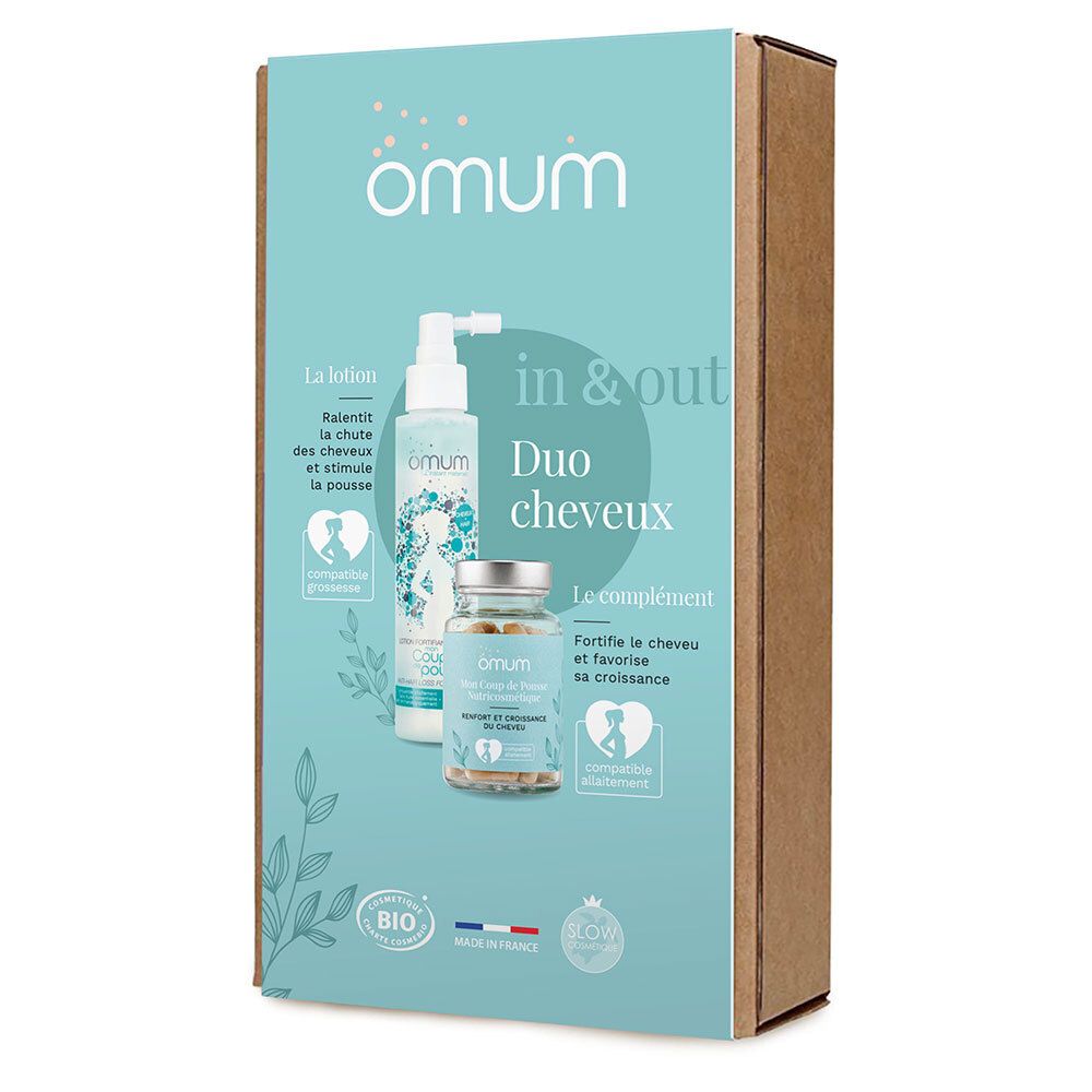 Set OMUM In&Out Duo Cheveux : lotion et complément alimentaire pour cheveux.