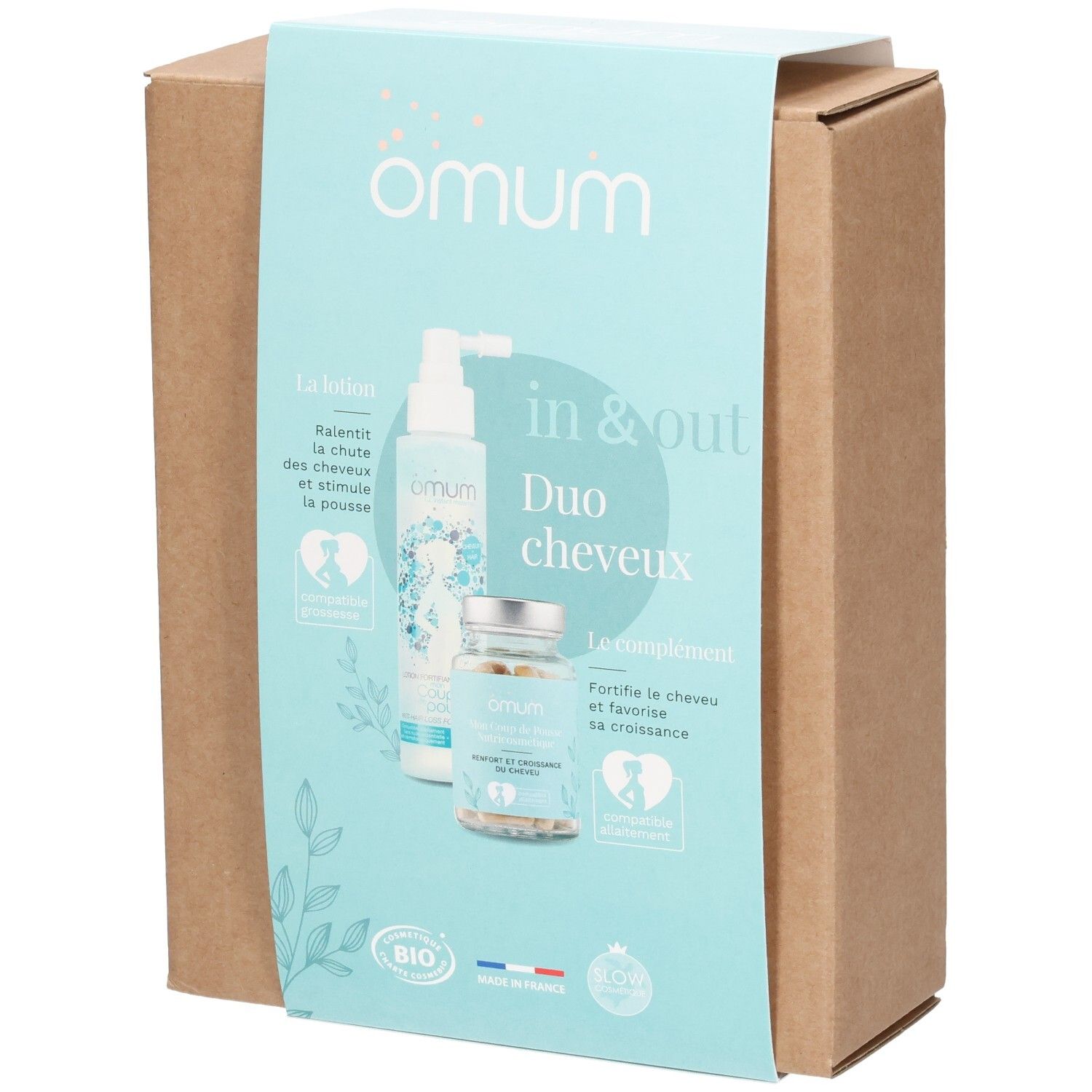 Set OMUM In&Out Duo Cheveux : boîte en carton avec lotion et complément alimentaire.