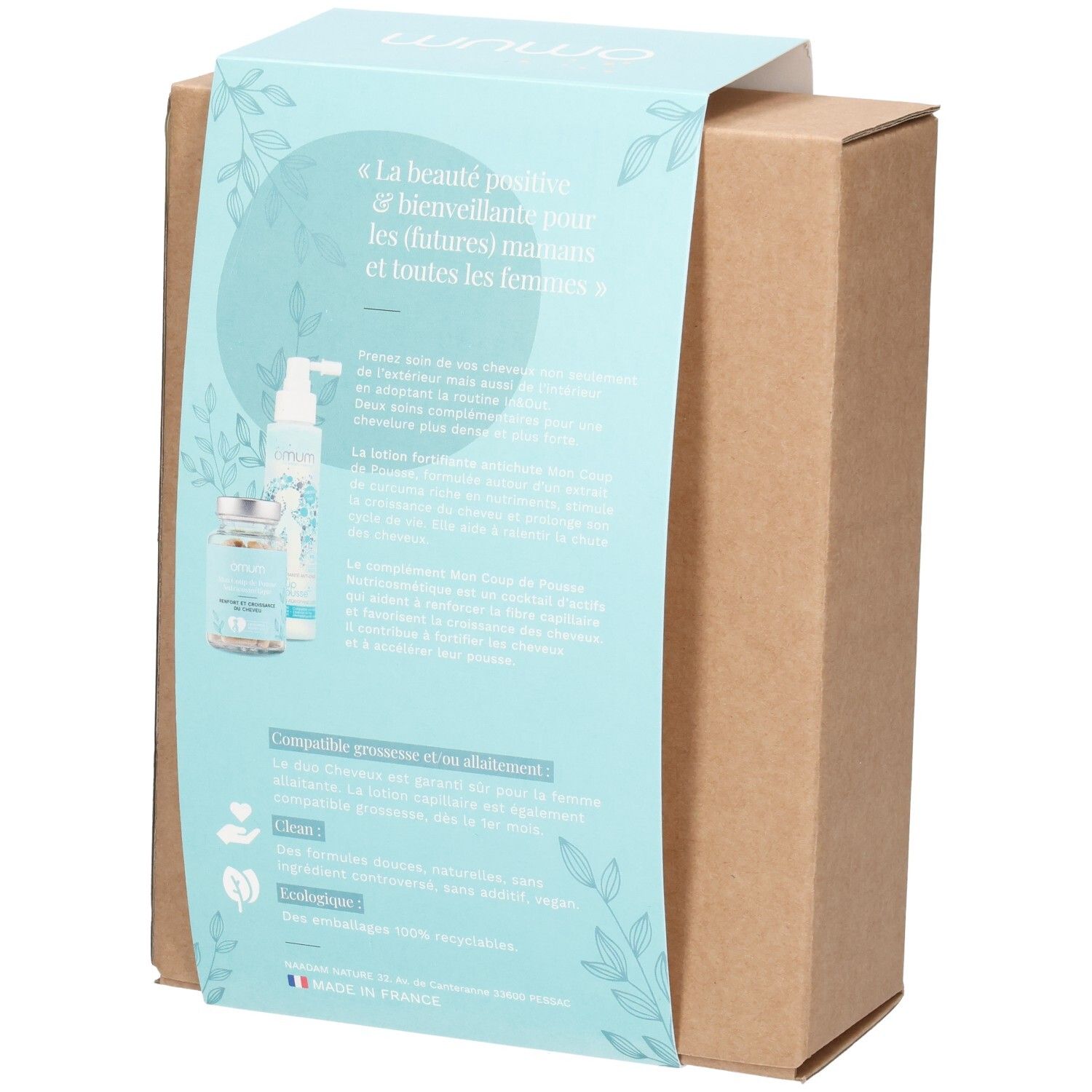 Arrière de l'emballage OMUM In&Out Duo Cheveux avec informations produit.
