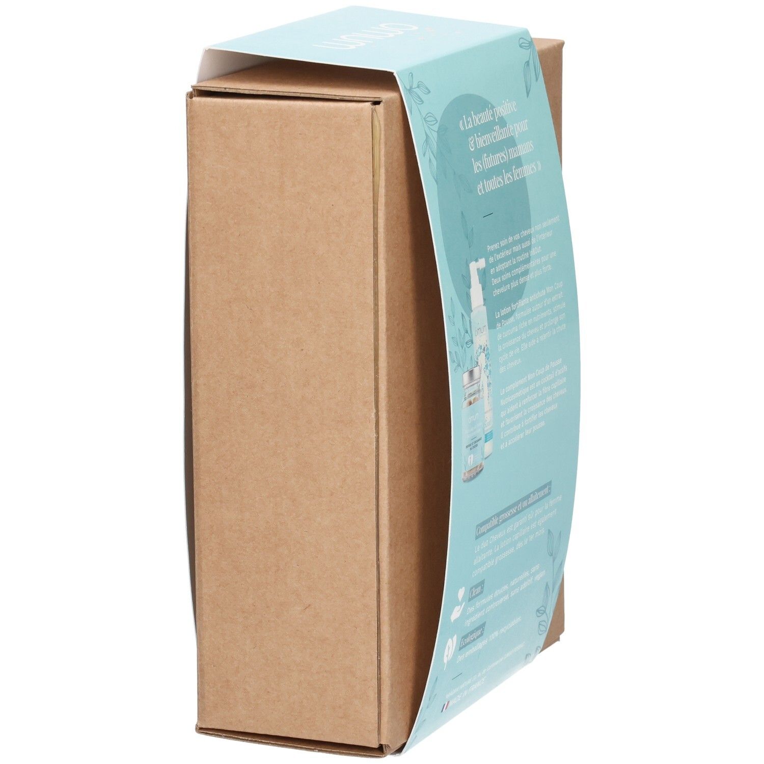 Vue latérale de l'emballage OMUM In&Out Duo Cheveux avec informations produit.