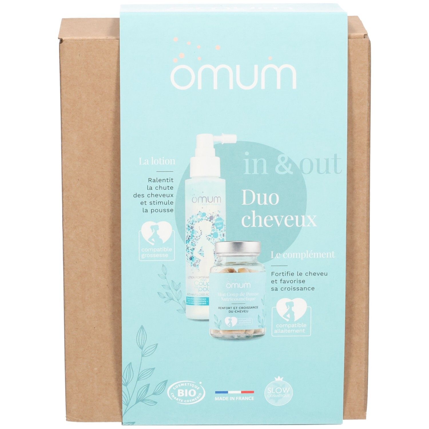 Vue avant de l'emballage OMUM In&Out Duo Cheveux avec lotion et gélules.