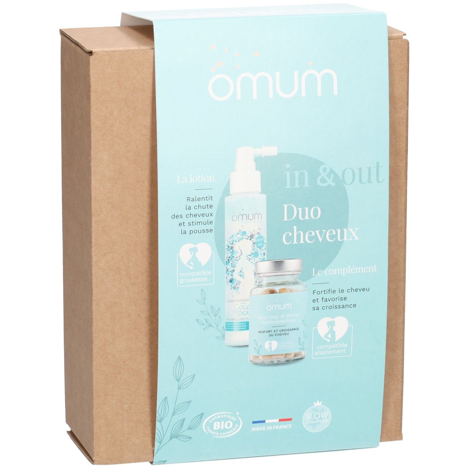 Set OMUM In&Out Duo Cheveux : boîte en carton avec lotion et complément alimentaire.