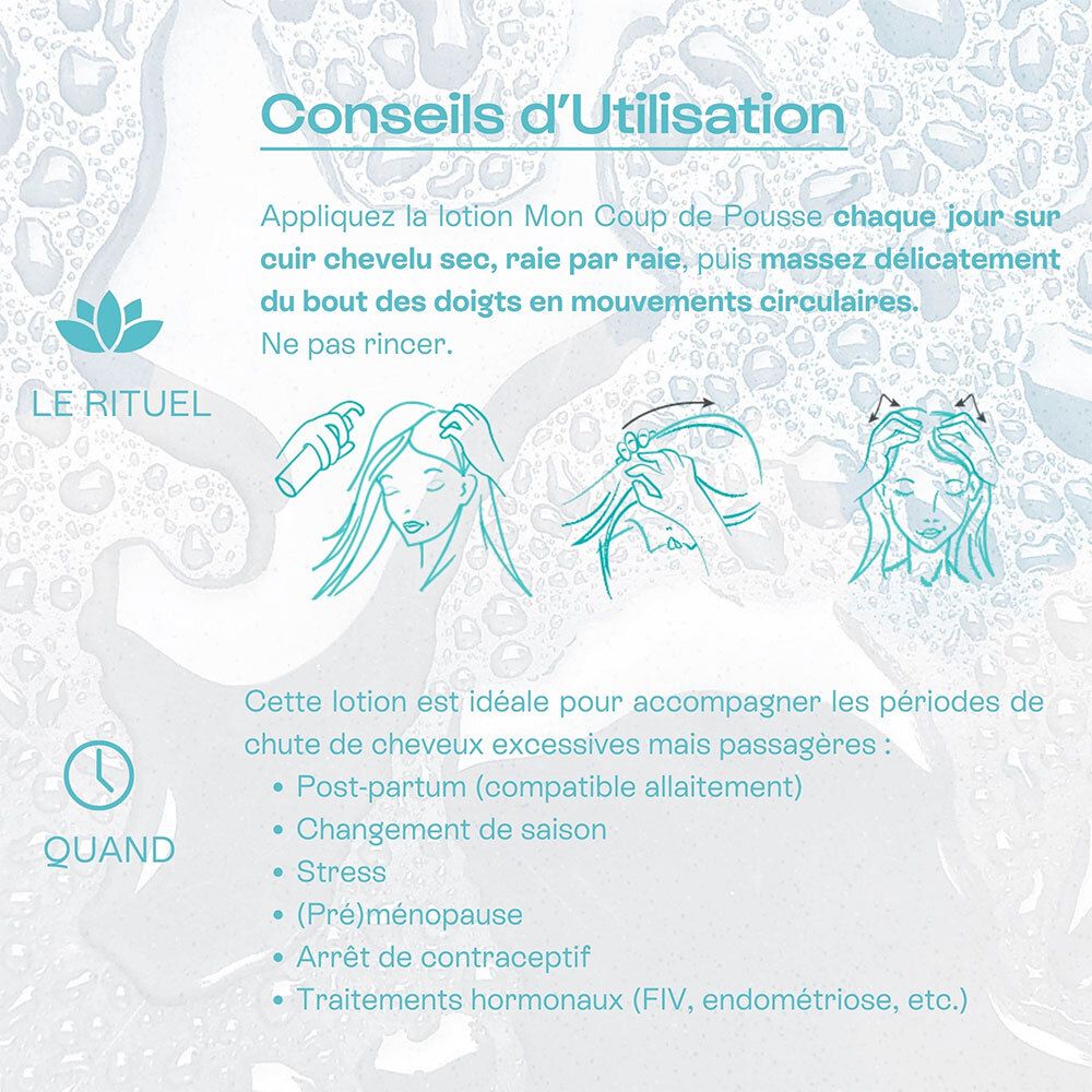 Conseils d'utilisation de la lotion capillaire OMUM : appliquer sur le cuir chevelu.