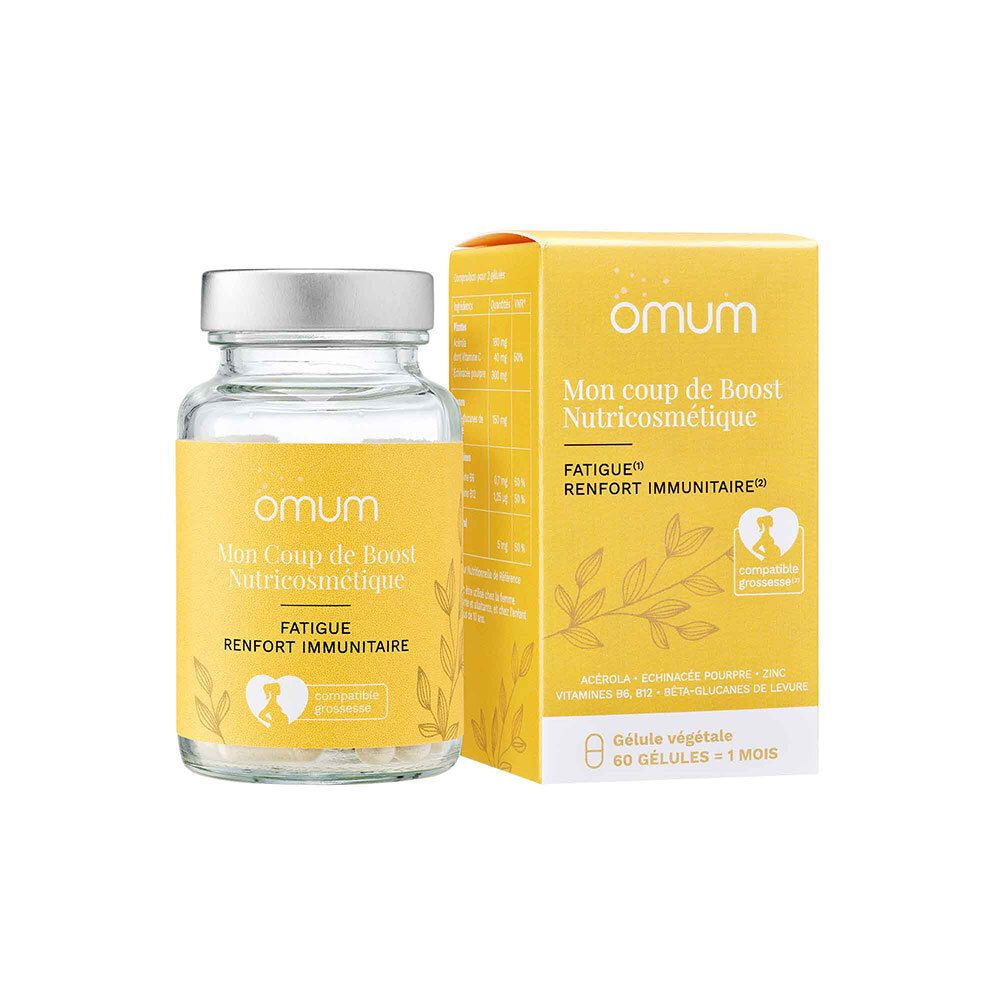 Flacon et boîte Omum : Mon Coup de Boost Nutricosmétique, 60 gélules.