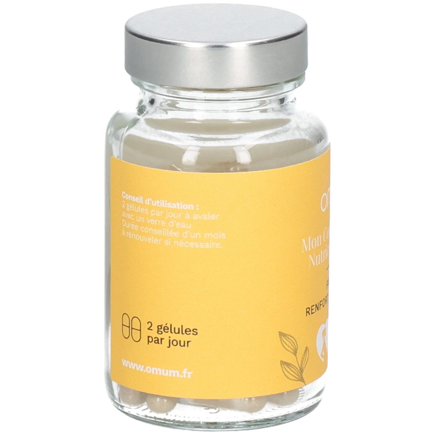 Flacon Omum "Mon Coup de Boost Nutricosmétique" avec gélules, vue latérale.