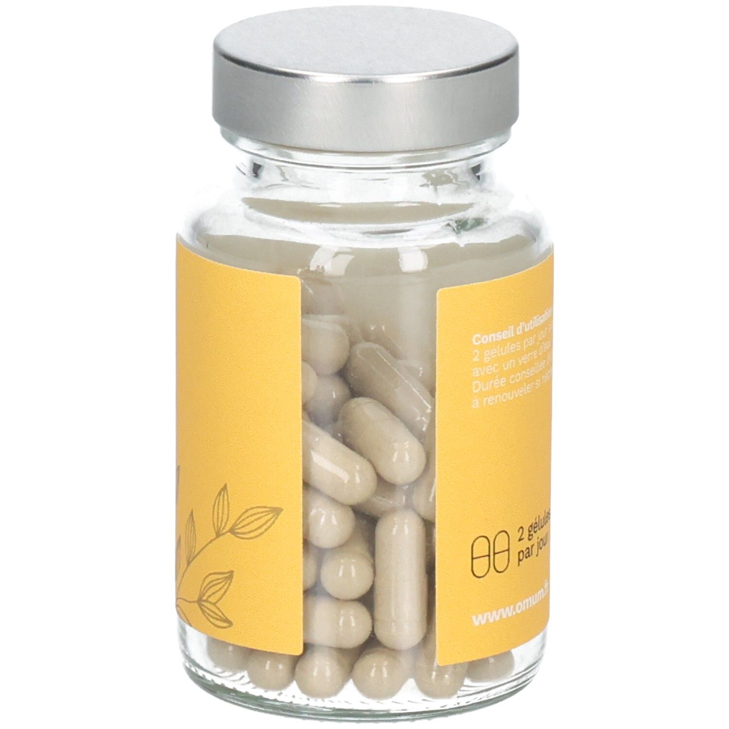 Flacon Omum "Mon Coup de Boost Nutricosmétique", étiquette jaune motif végétal.