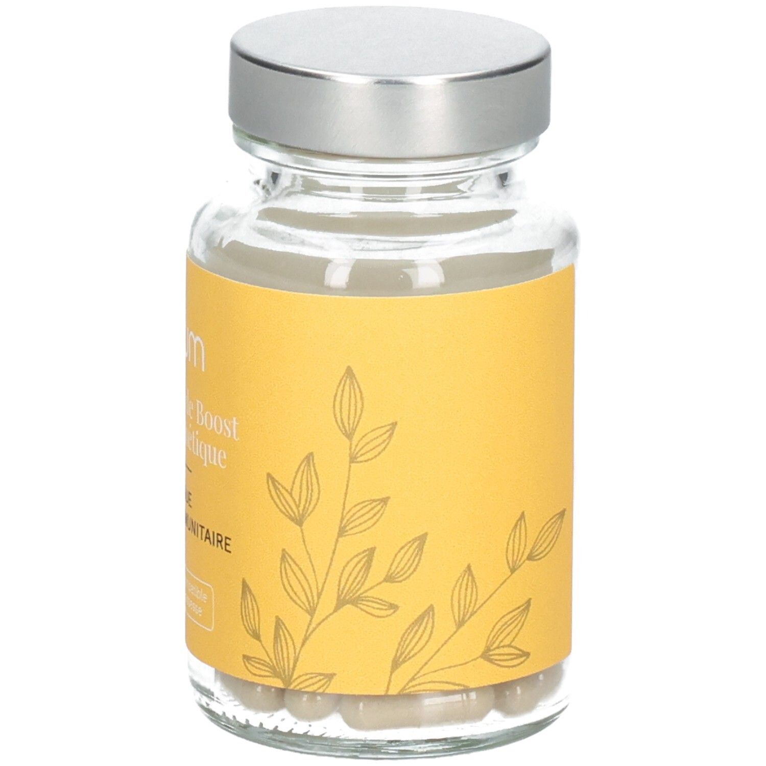 Flacon Omum "Mon Coup de Boost Nutricosmétique", étiquette avec symbole cœur.