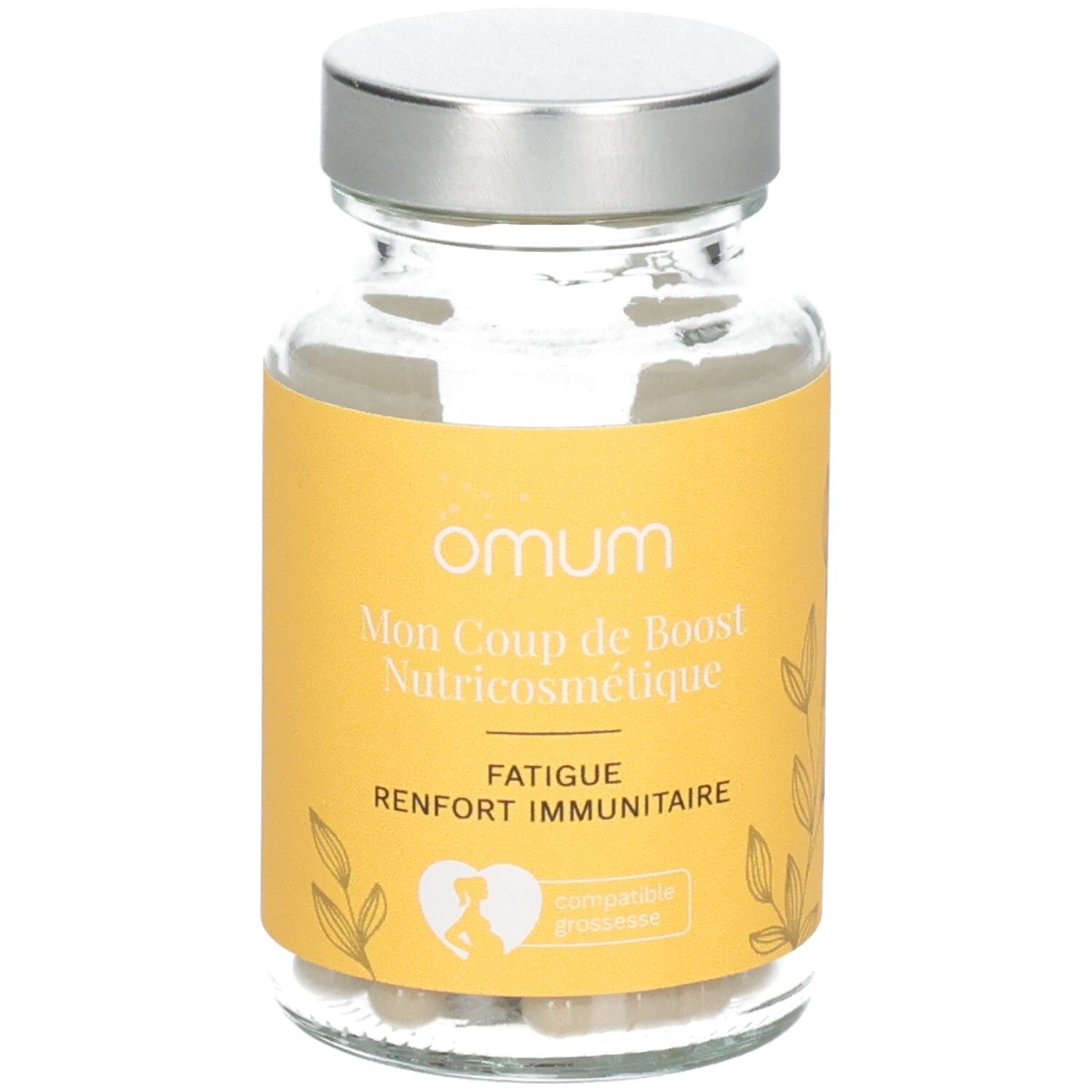 Flacon Omum "Mon Coup de Boost Nutricosmétique", verso avec conseils d'utilisation.