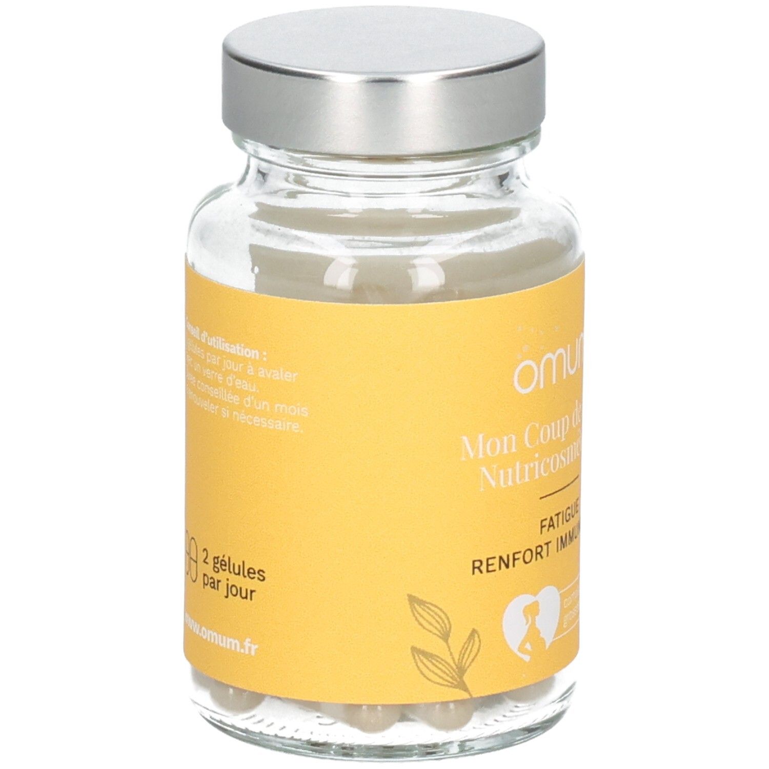 Flacon Omum "Mon Coup de Boost Nutricosmétique", verso avec dosage.