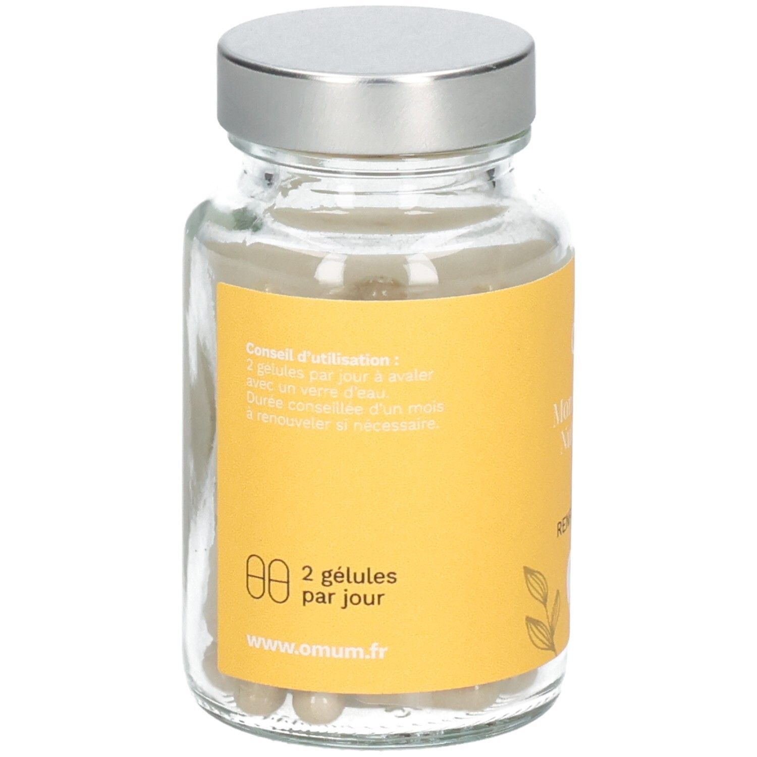 Flacon et boîte Omum : "Mon Coup de Boost Nutricosmétique", 60 gélules.