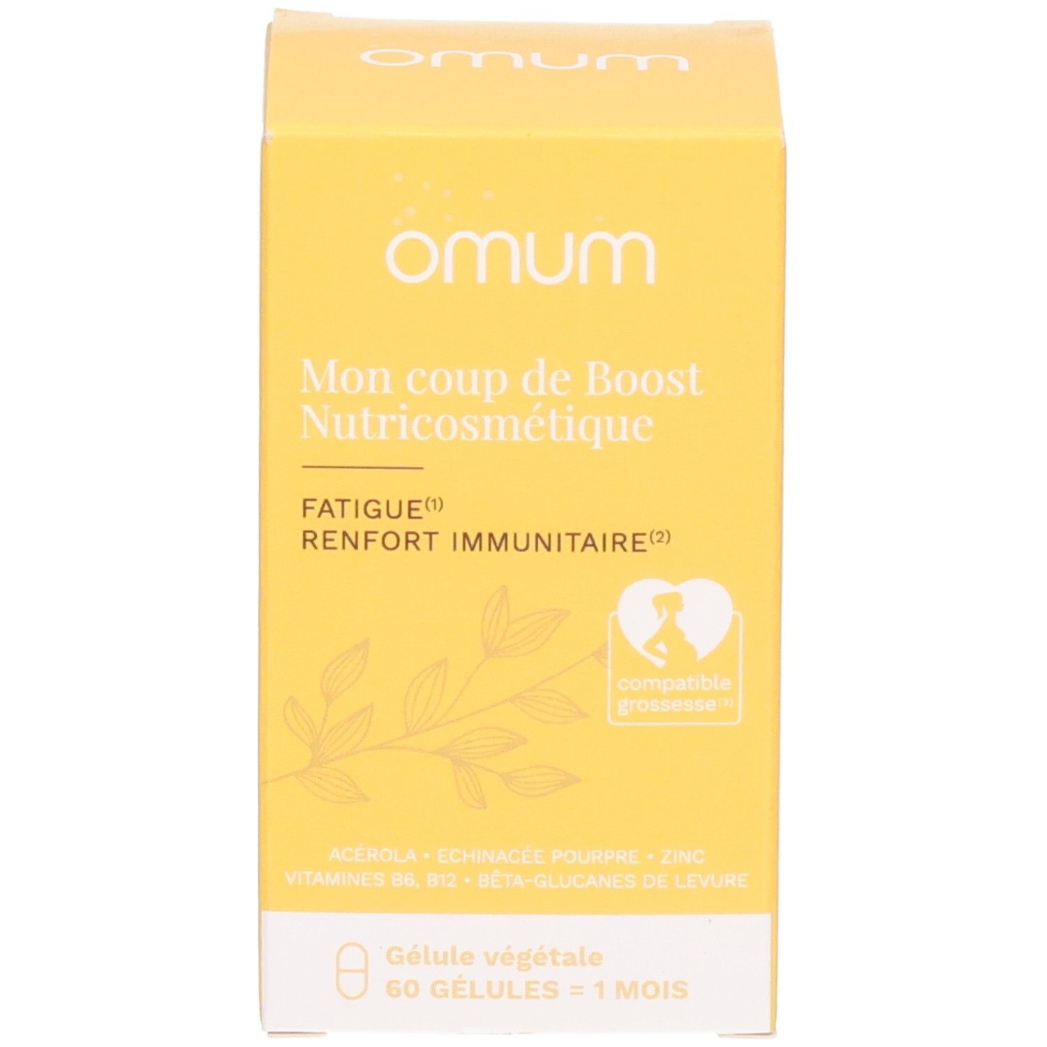 Avant de la boîte Omum Mon Coup de Boost Nutricosmétique. Jaune avec motif végétal, nom du produit et 'Fatigue Renfort Immunitaire'.