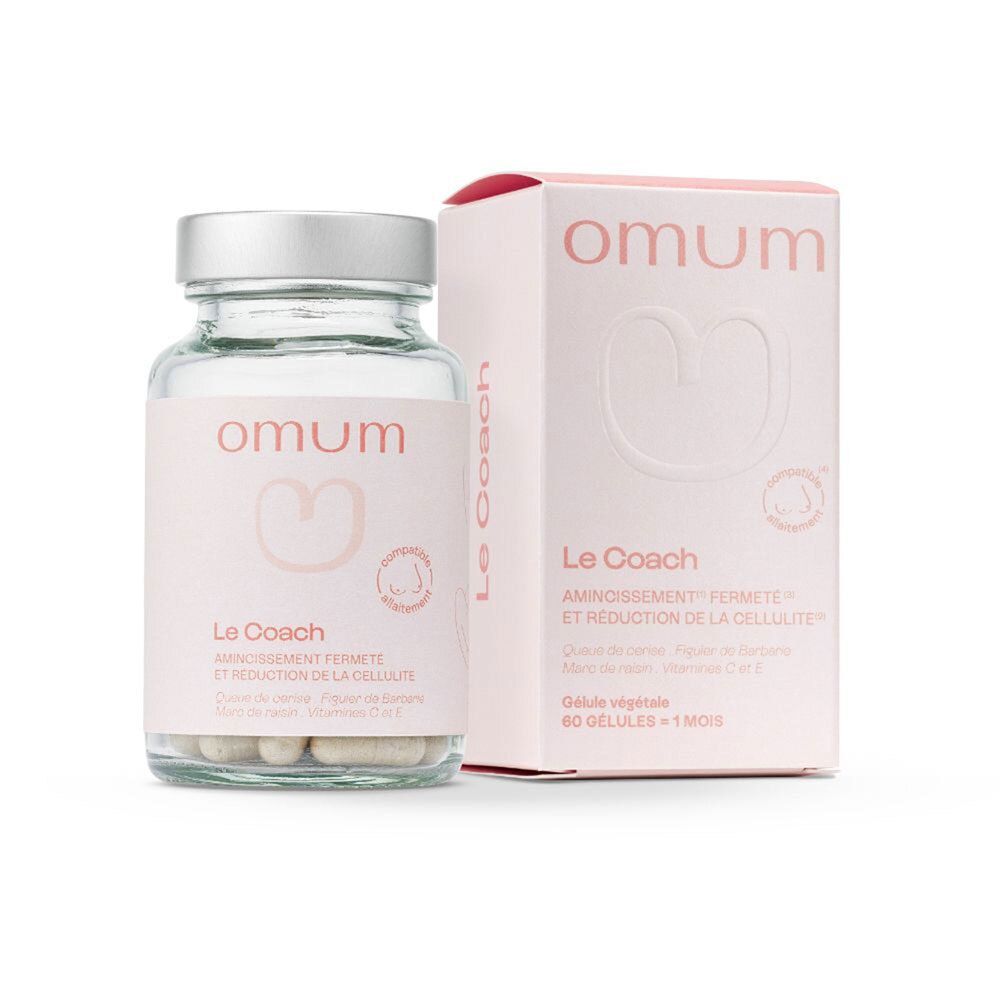 Complément alimentaire Omum Le Coach en flacon de verre et boîte.