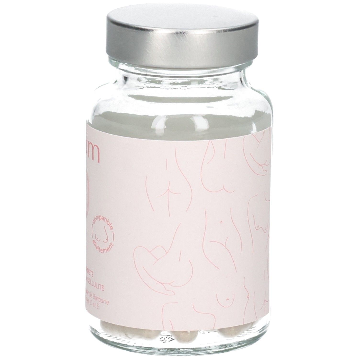 Flacon Omum Le Coach en verre avec étiquette, avant avec symbole cœur, illustrations et indication compatibilité.