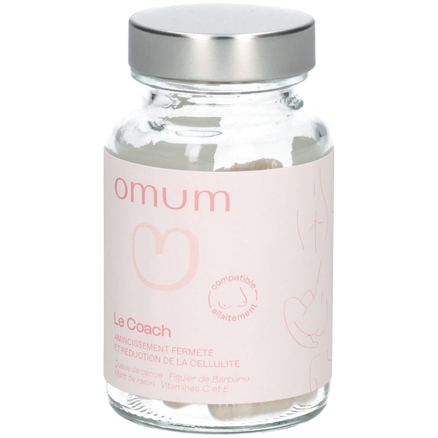 Flacon Omum Le Coach en verre avec étiquette, avant avec symbole cœur et indication compatibilité.