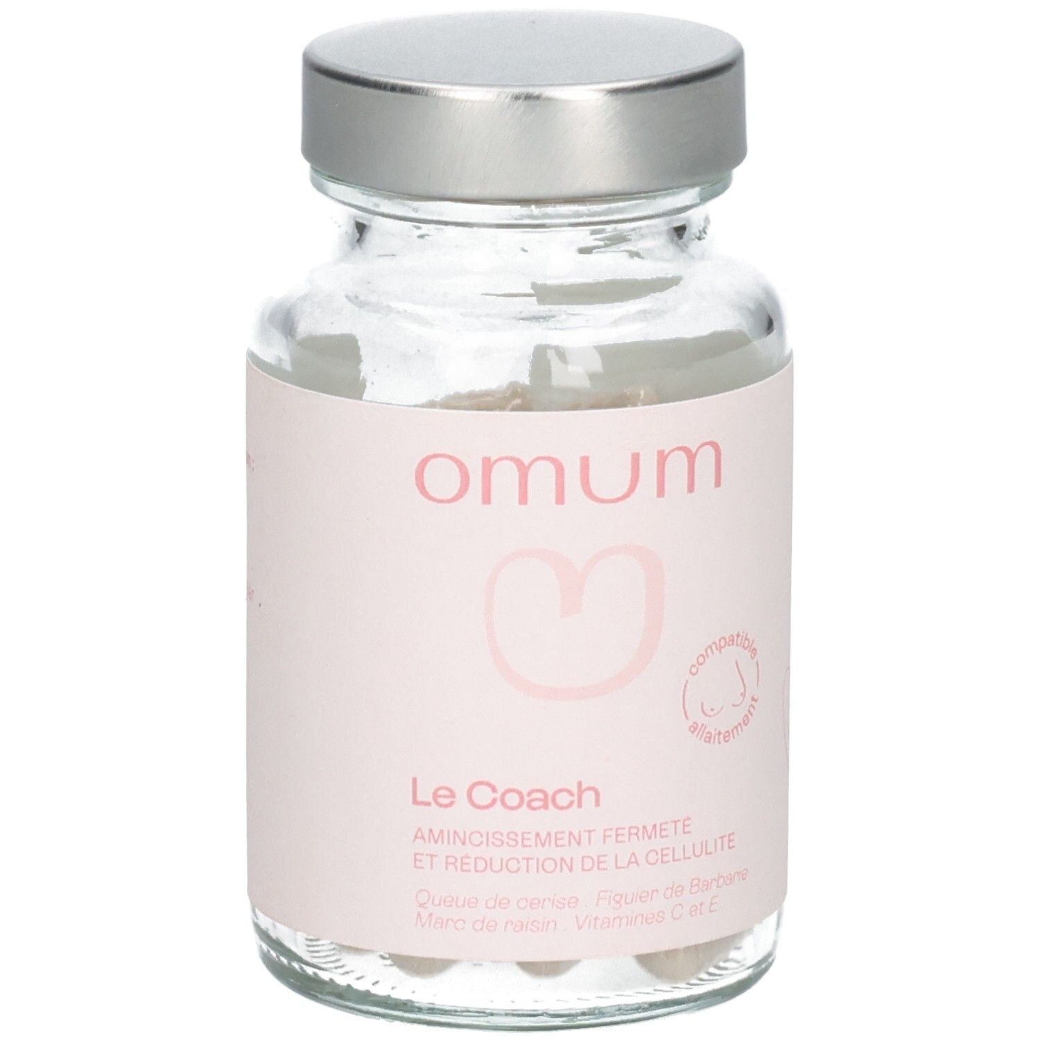 Flacon et boîte Omum Le Coach côte à côte. Étiquettes avec informations produit.