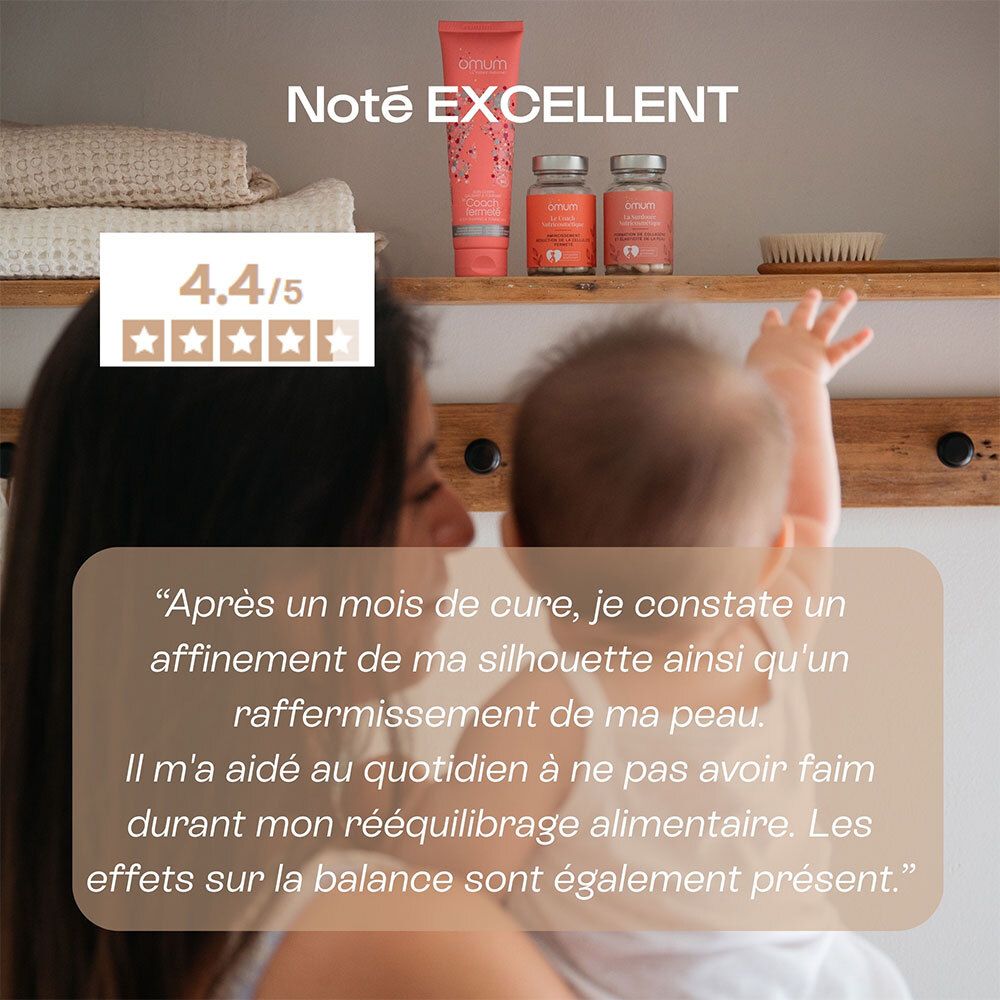 Complément alimentaire Omum Le Coach en flacon de verre, étiquette avant.