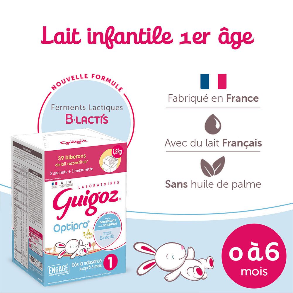 Boîte de lait Guigoz Optipro 1. Fabriqué en France. Pour nourrissons 0-6 mois. Sans huile de palme.