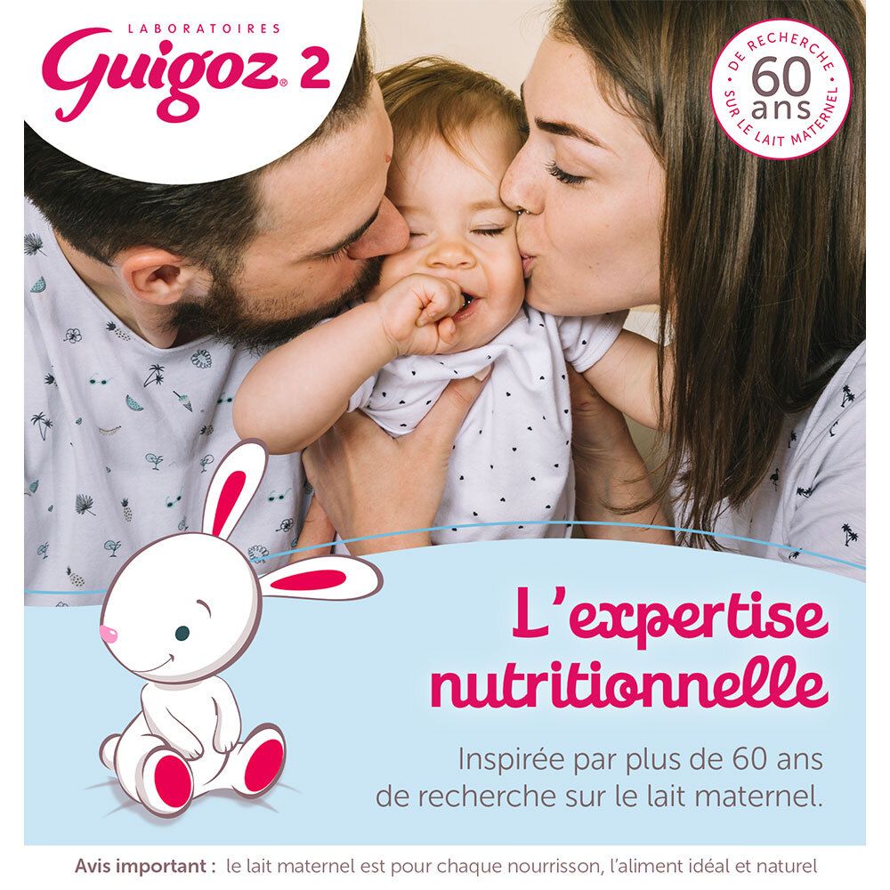 Boîte de lait Guigoz Optipro 1. Contient 39 biberons, 2 sachets et une mesurette. Pour nourrissons 0-6 mois.