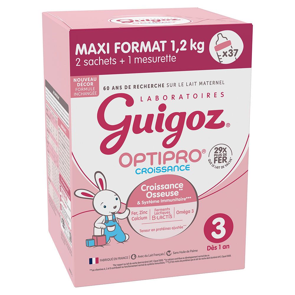 Nestlé GUIGOZ OPTIPRO 3 - Lait De Croissance En Poudre 1-3 Ans - 830g X 3 Boîtes - Fabriqué En France, Sans Huile De Palme