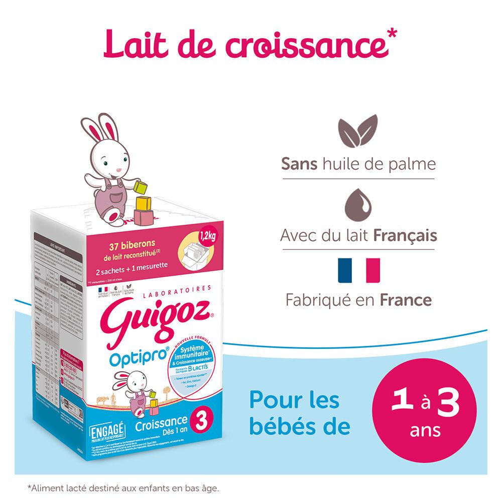 Lait de croissance GUIGOZ® Optipro®. Sans huile de palme. Fabriqué en France. Pour bébés de 1 à 3 ans.