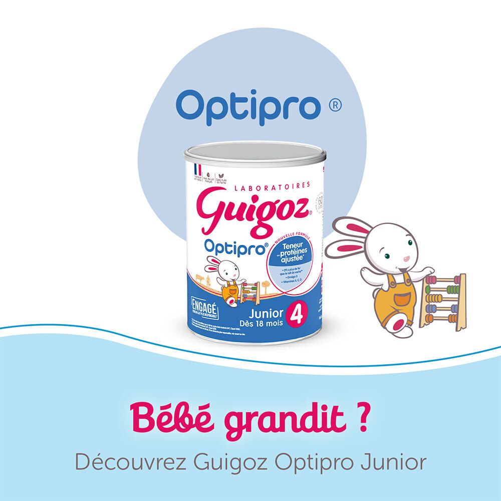 GUIGOZ® Optipro® Junior 4. Boîte. Pour enfants dès 18 mois. Avec Optipro. Bébé grandit ?