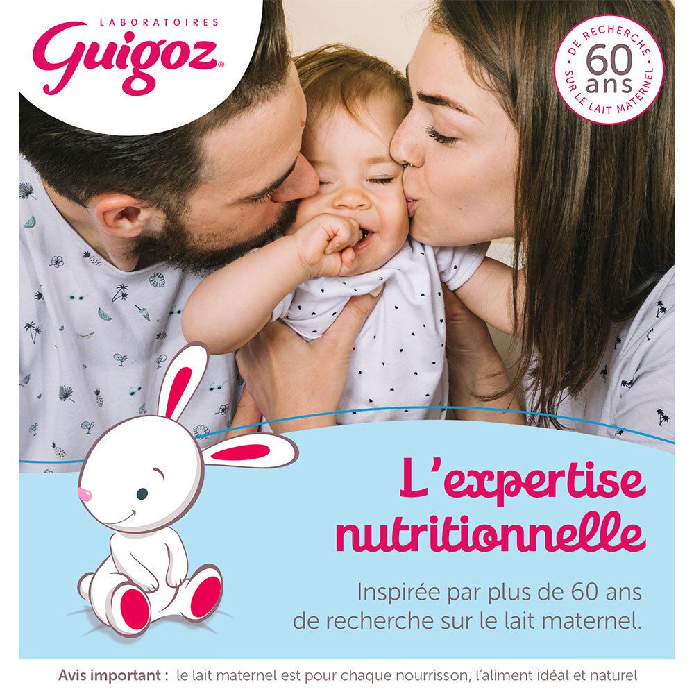 GUIGOZ® Expertise. Famille embrasse bébé. Plus de 60 ans de recherche sur le lait maternel. Expertise nutritionnelle.