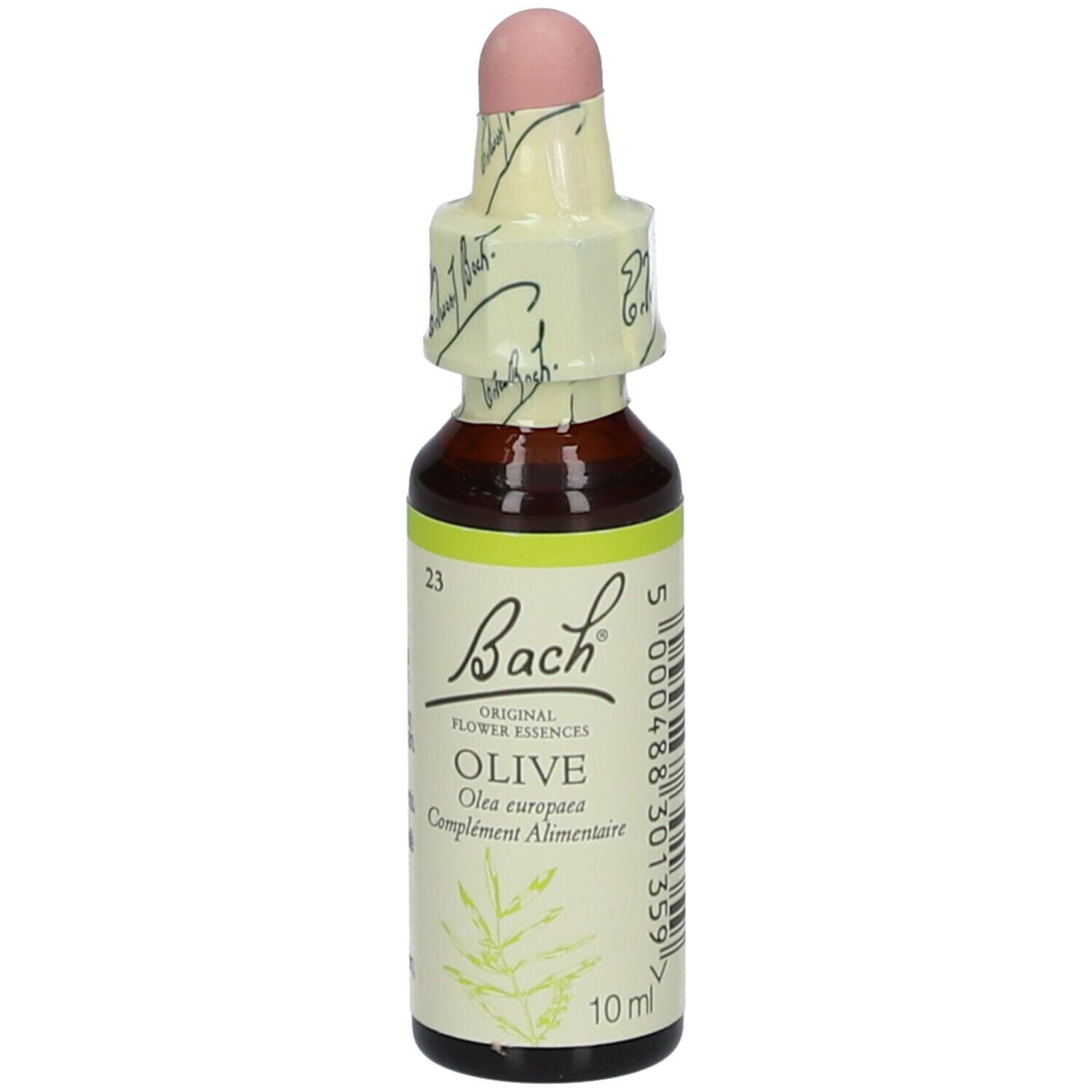 Flacon en verre brun avec étiquette jaune et blanche. Inscription : Bach Original Flower Essences Olive. Avec compte-gouttes et opercule en papier.
