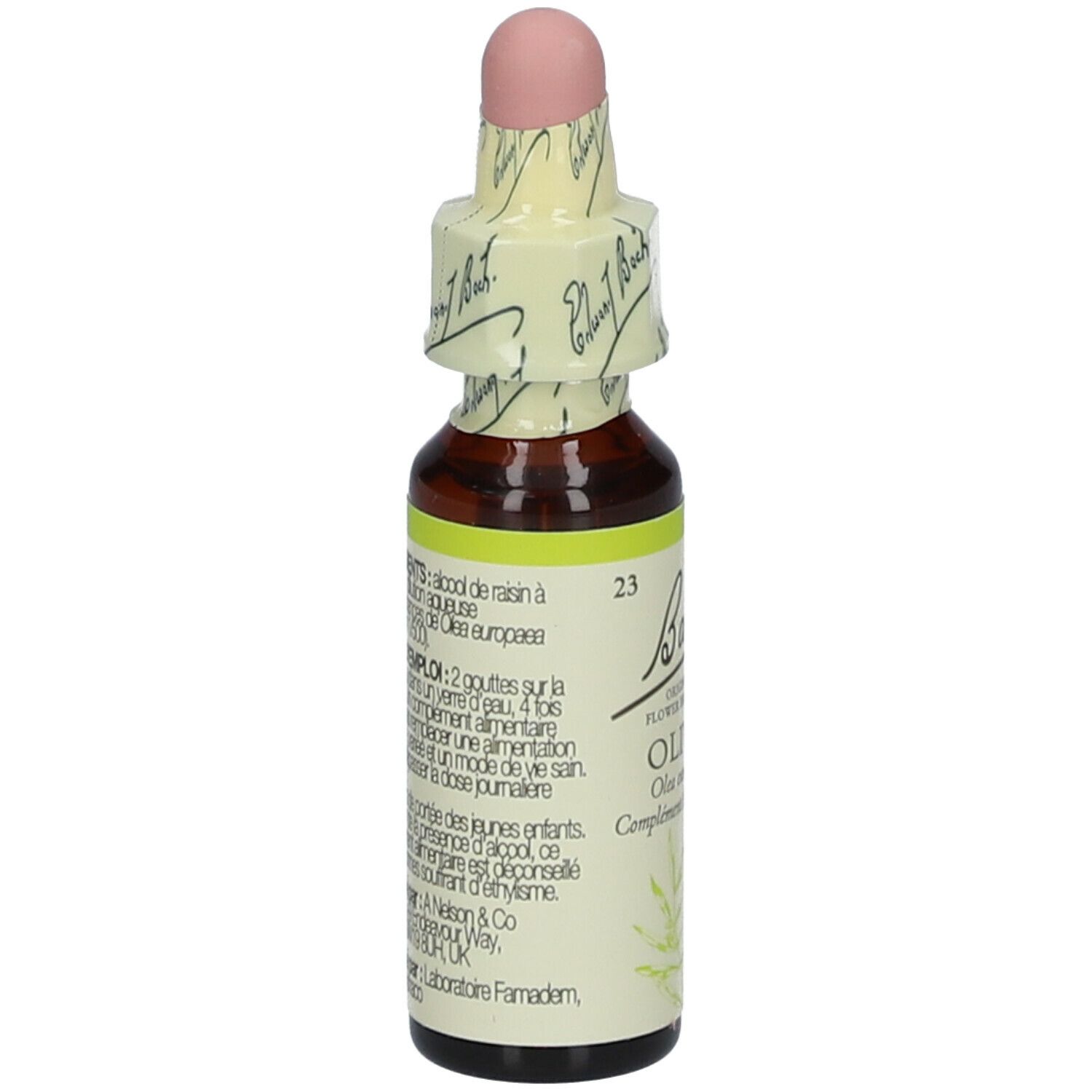 Flacon en verre brun avec étiquette jaune et blanche. Inscription : Bach Original Flower Essences Olive. Avec compte-gouttes et opercule en papier. Texte en français.