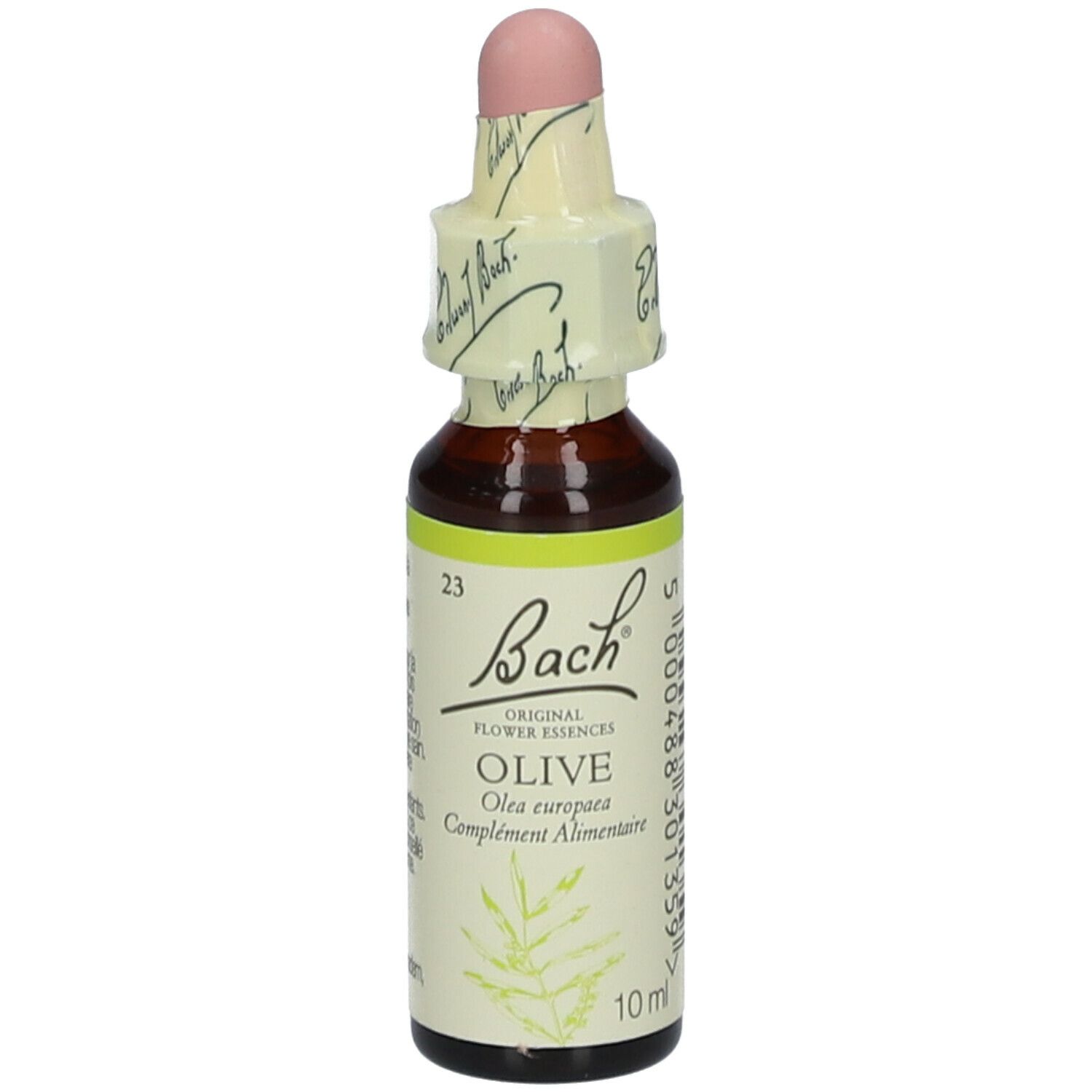 Flacon en verre brun avec étiquette jaune et blanche. Inscription : Bach Original Flower Essences Olive. Avec compte-gouttes et opercule en papier.