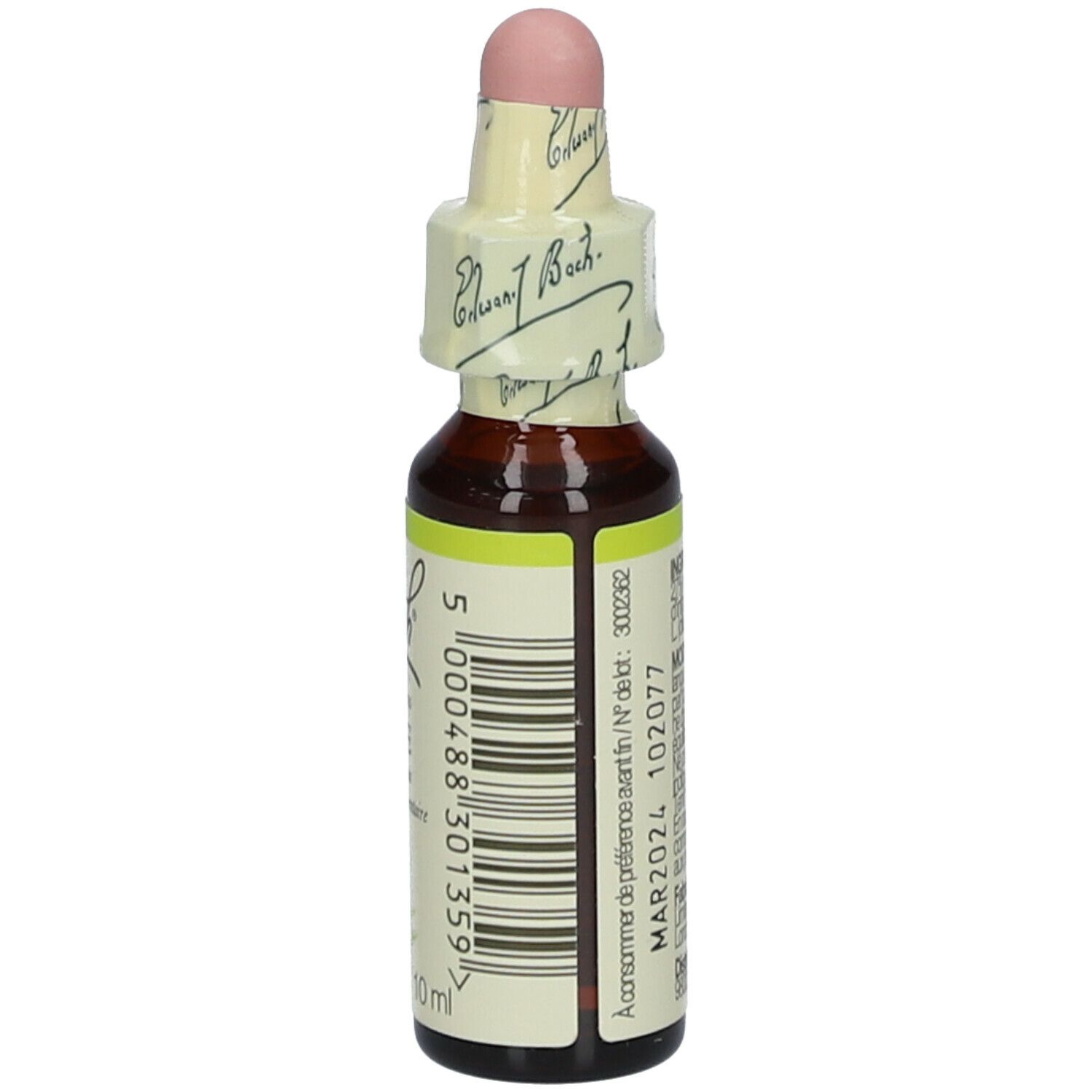 Flacon en verre brun avec étiquette jaune et blanche. Inscription : Bach Original Flower Essences Olive. Avec compte-gouttes et opercule en papier. Texte en français.
