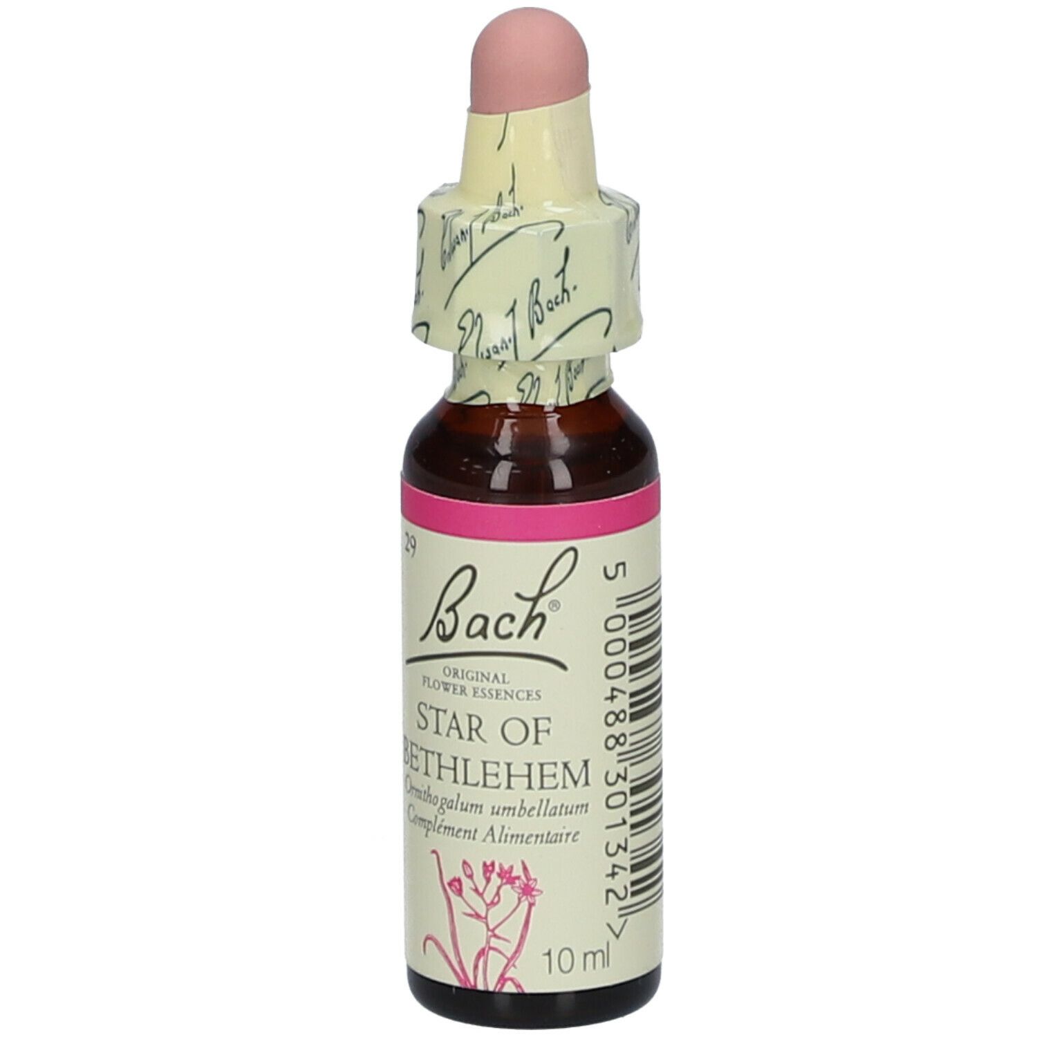 Flacon en verre brun avec étiquette rose et inscription Bach, Star of Bethlehem. Compte-gouttes à embout rose. 10 ml.