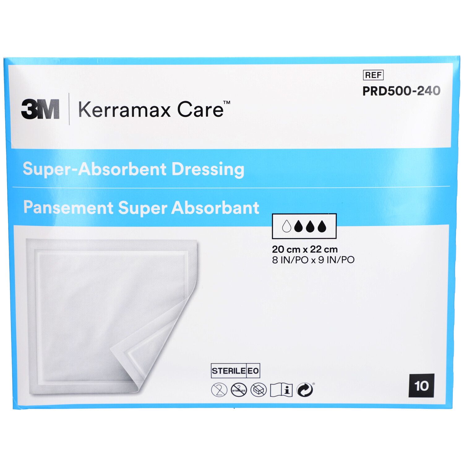 Pansement superabsorbant 3M Kerramax Care. Dimensions 20 x 22 cm. Stérile. Boîte de 10. Informations produit.