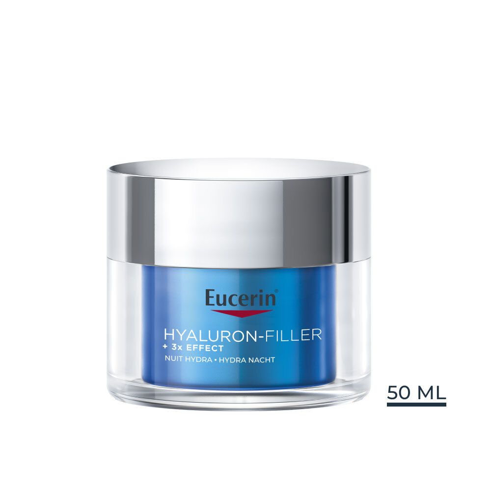 Pot bleu avec couvercle argenté. Inscription : Eucerin, HYALURON-FILLER + 3x EFFECT. 50 ML.