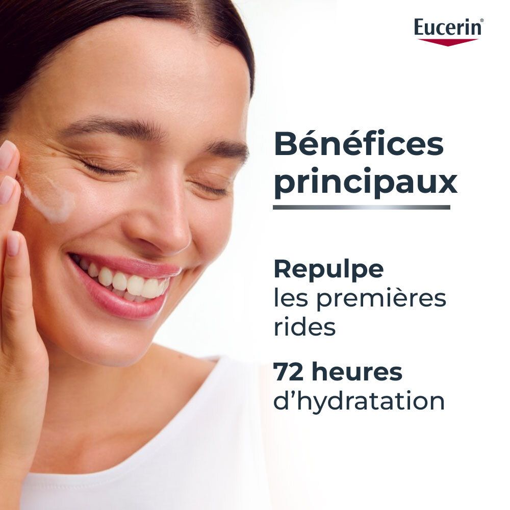 Femme avec visage. Texte: Bénéfices principaux. Rides. 72h d'hydratation. Logo Eucerin.