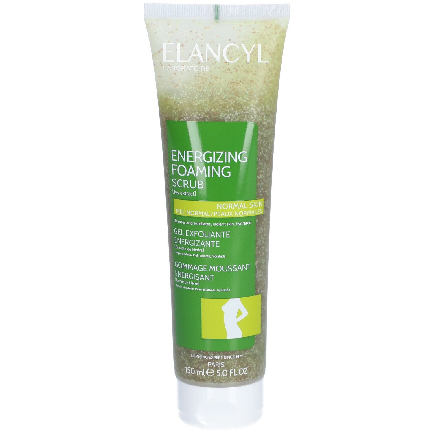 Tube verte et blanche. Texte: Elancyl, Energizing Foaming Scrub, pour peaux normales. 150 ml.